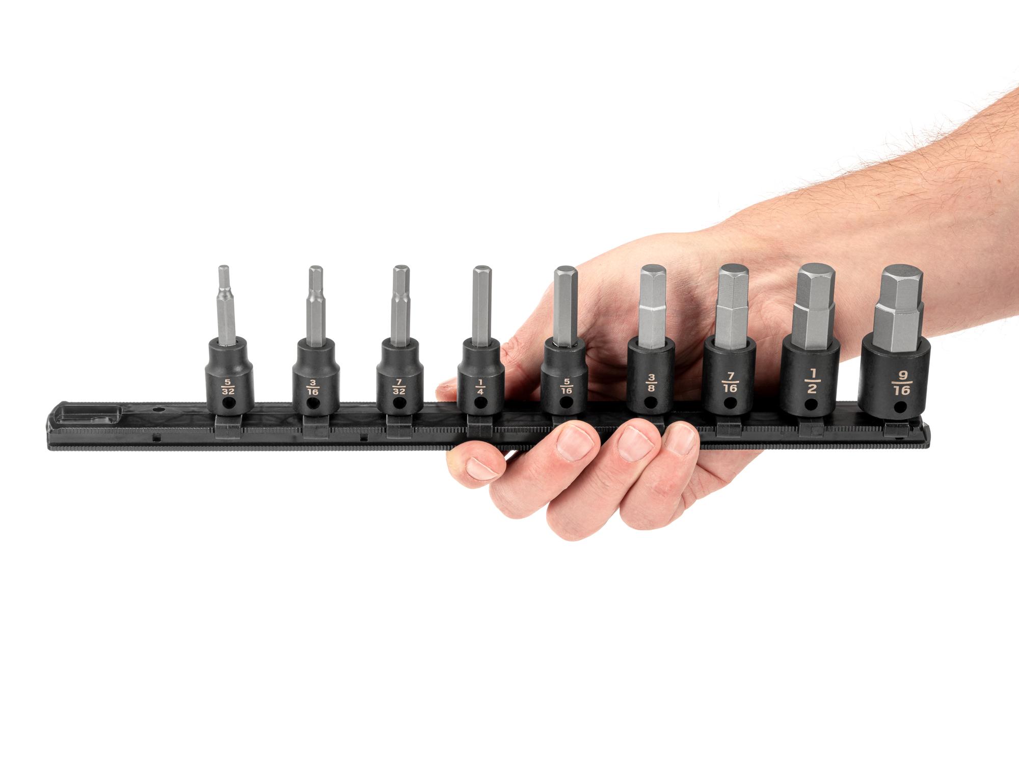 Person holding Tekton rail impact drive bit socket set. Item #SIB91101