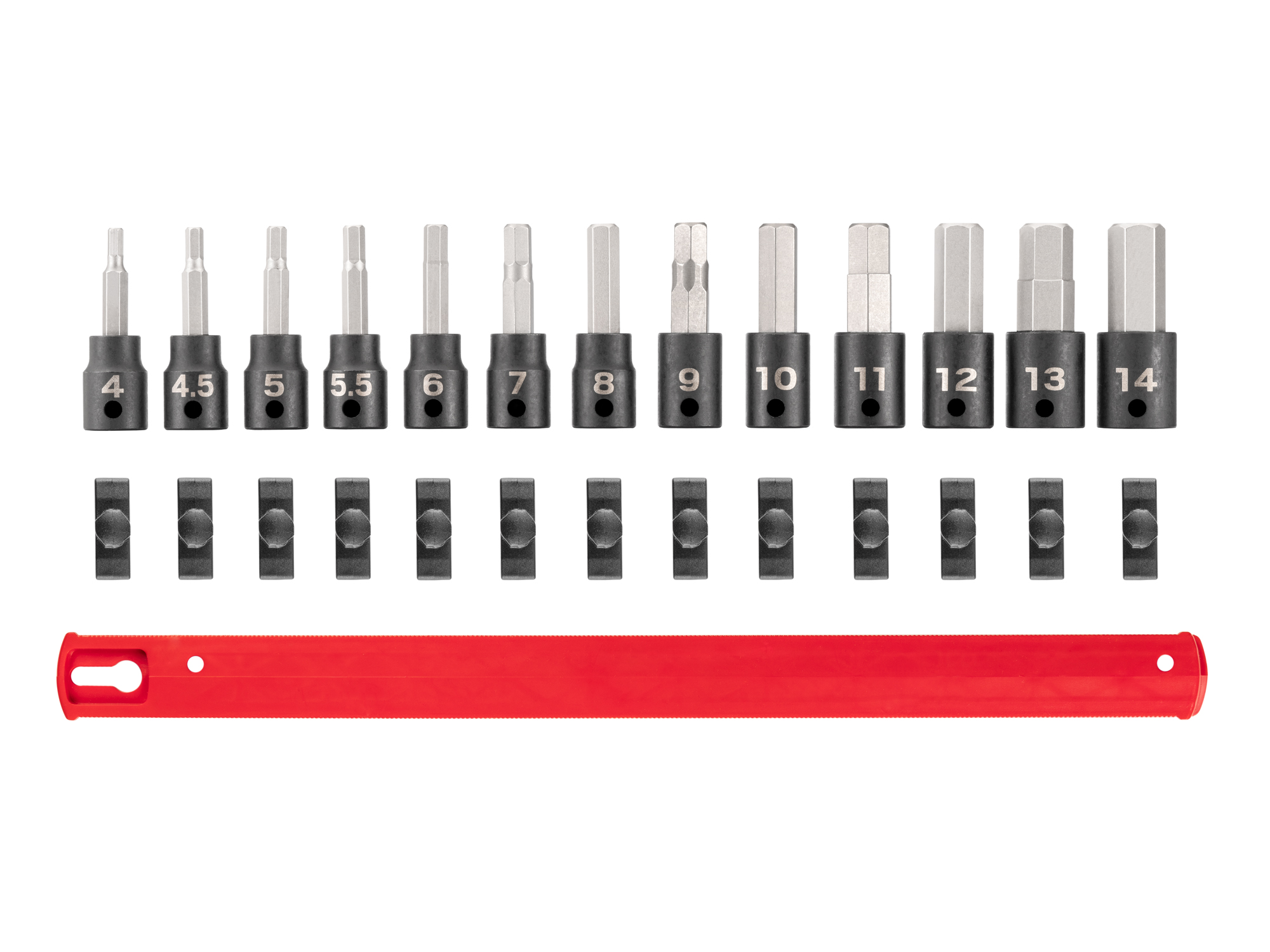 Set includes 4–14 mm (metric) 3/8 inch drive hex impact bit sockets with rail organization. No skipped sizes. SIB91102.