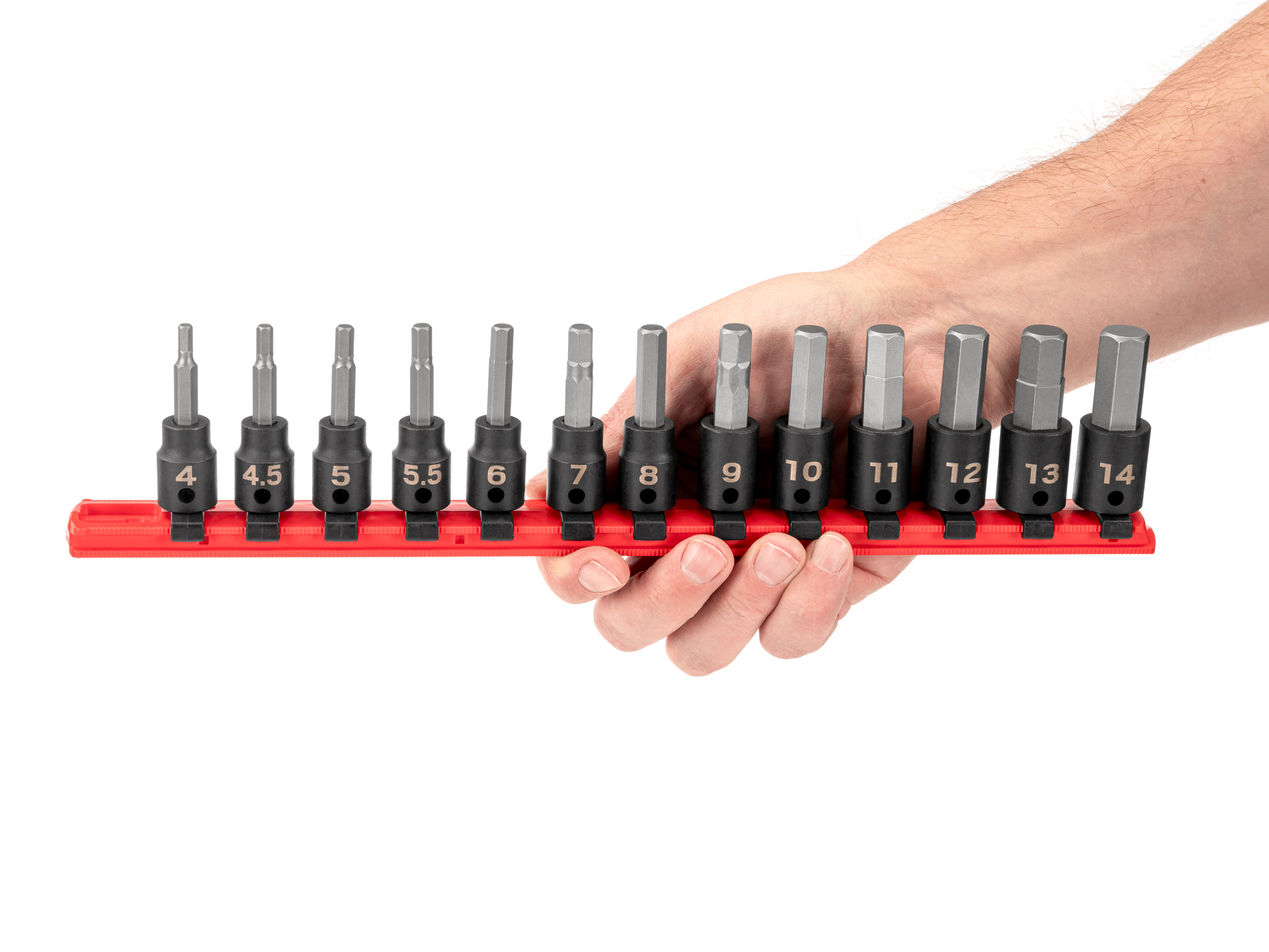 Set includes 4–14 mm (metric) 3/8 inch drive hex impact bit sockets with rail organization. No skipped sizes. SIB91102.