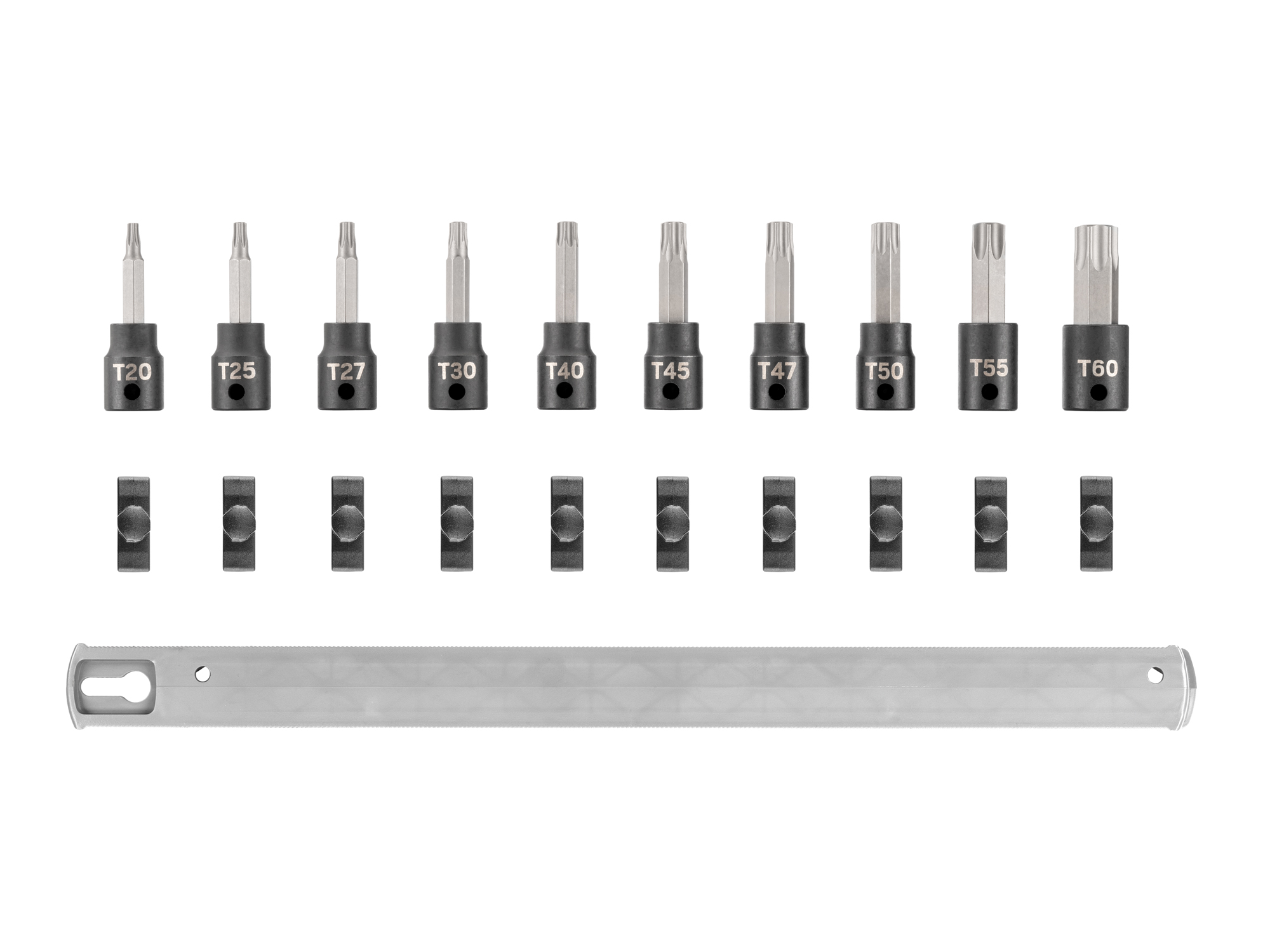 Set includes T20–T60 3/8 inch drive Torx impact bit sockets with rail organization. SIB91103.