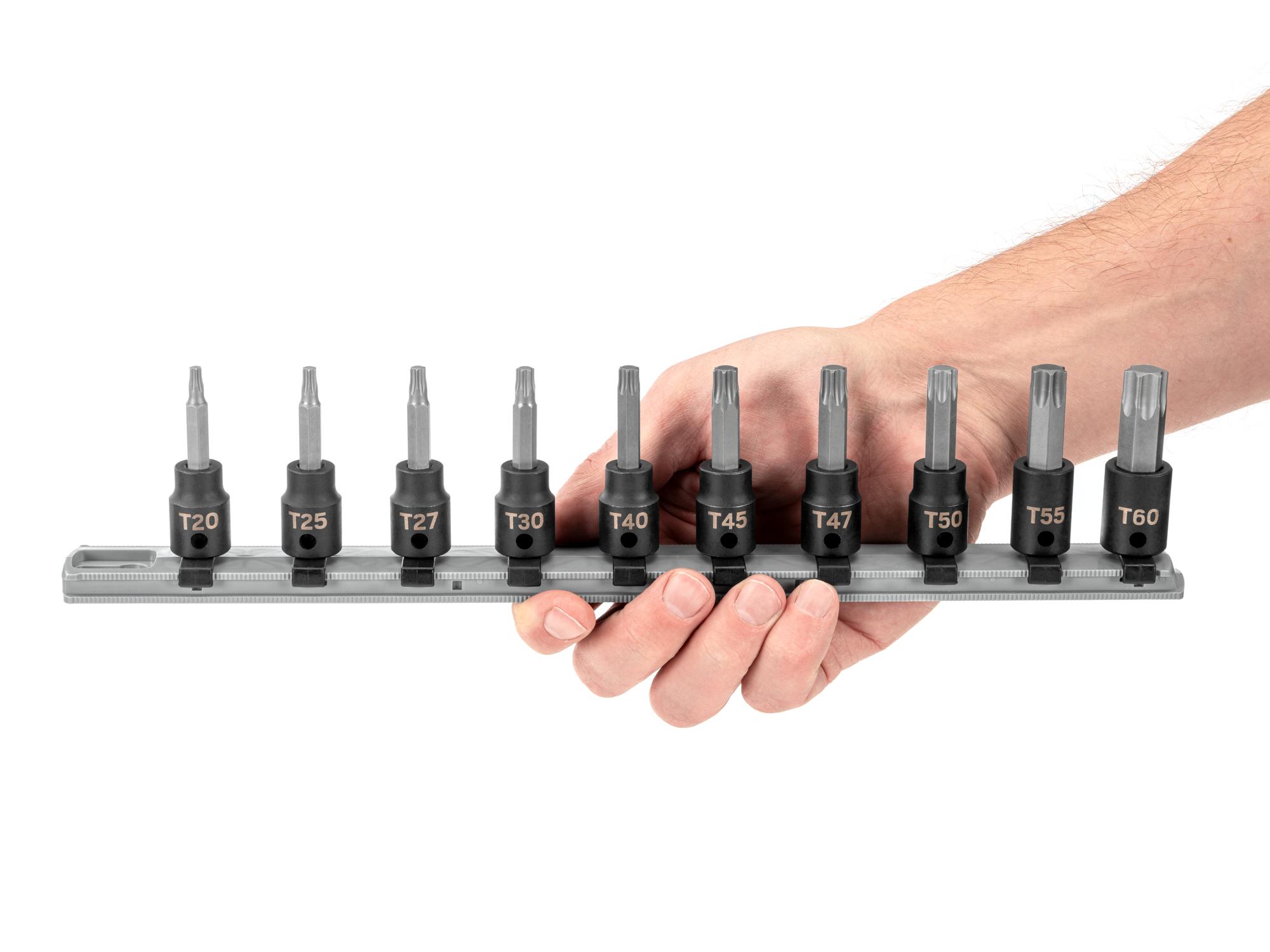 Person holding Tekton rail impact drive bit socket set. Item #SIB91103