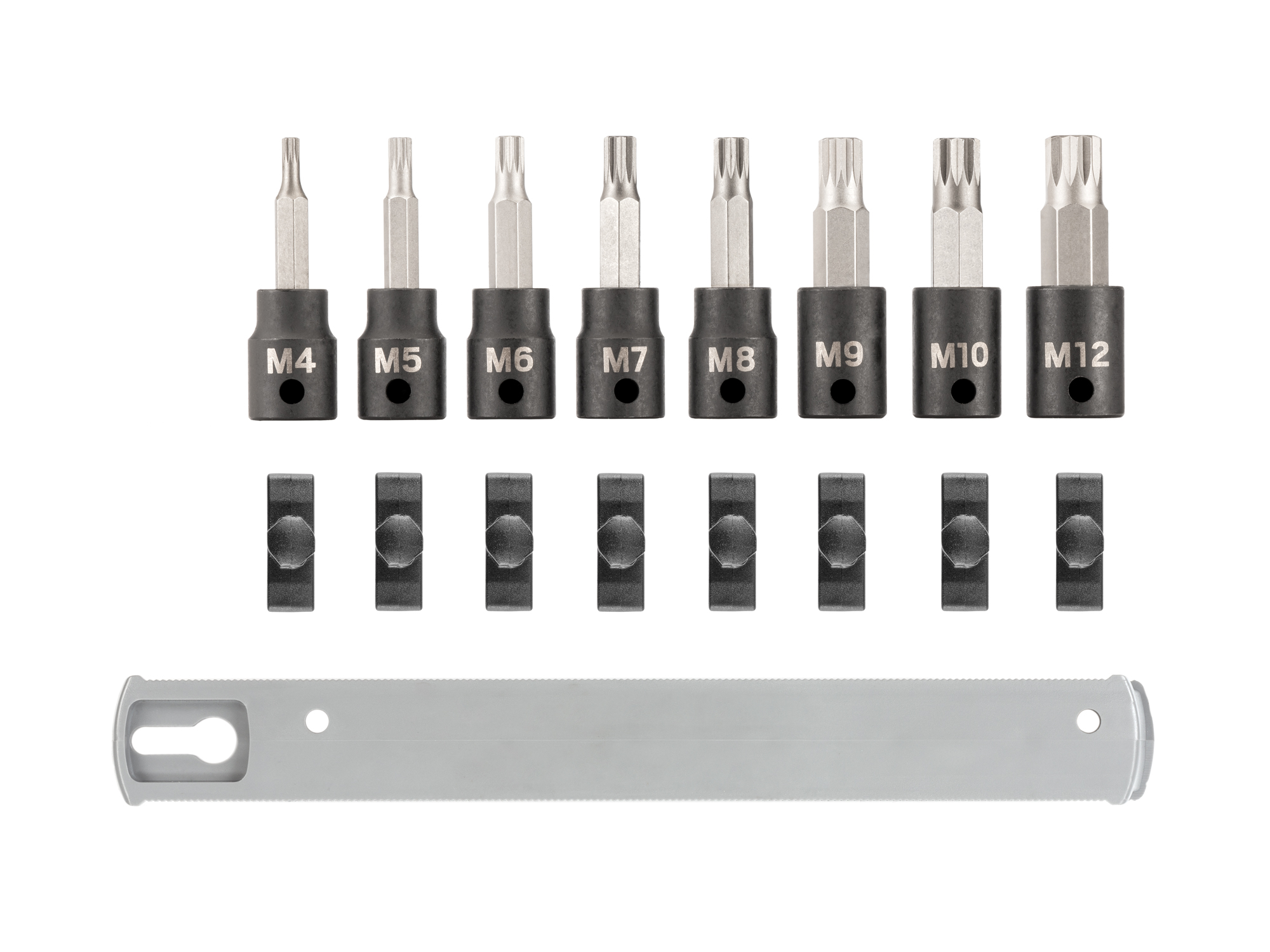 Set includes M4–M12 3/8 inch drive triple square (XZN) impact bit sockets with rail organization. SIB91104.