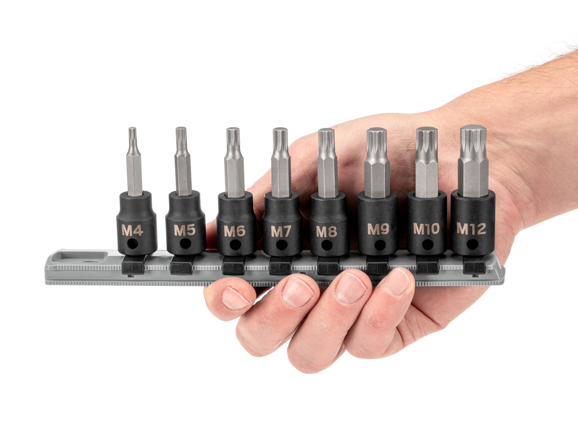 Set includes M4–M12 3/8 inch drive triple square (XZN) impact bit sockets with rail organization. SIB91104.