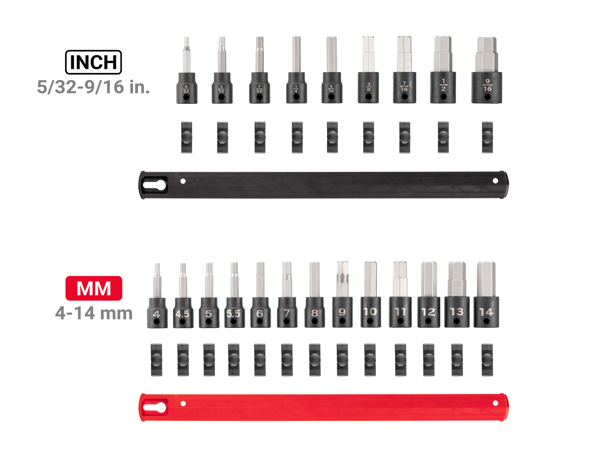 Set includes 5/32–9/16 inch (SAE), 4–14 mm (metric) 3/8 inch drive hex impact bit sockets with rail organization. SIB91201.