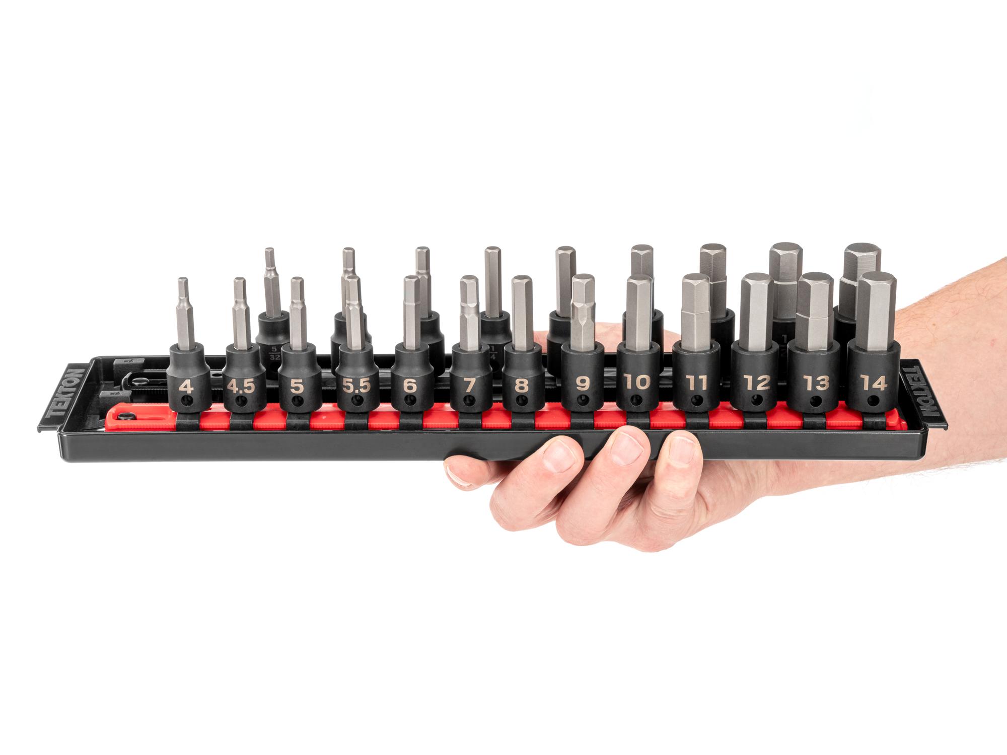 Person holding Tekton rail and tray impact drive bit socket set. Item #SIB91201