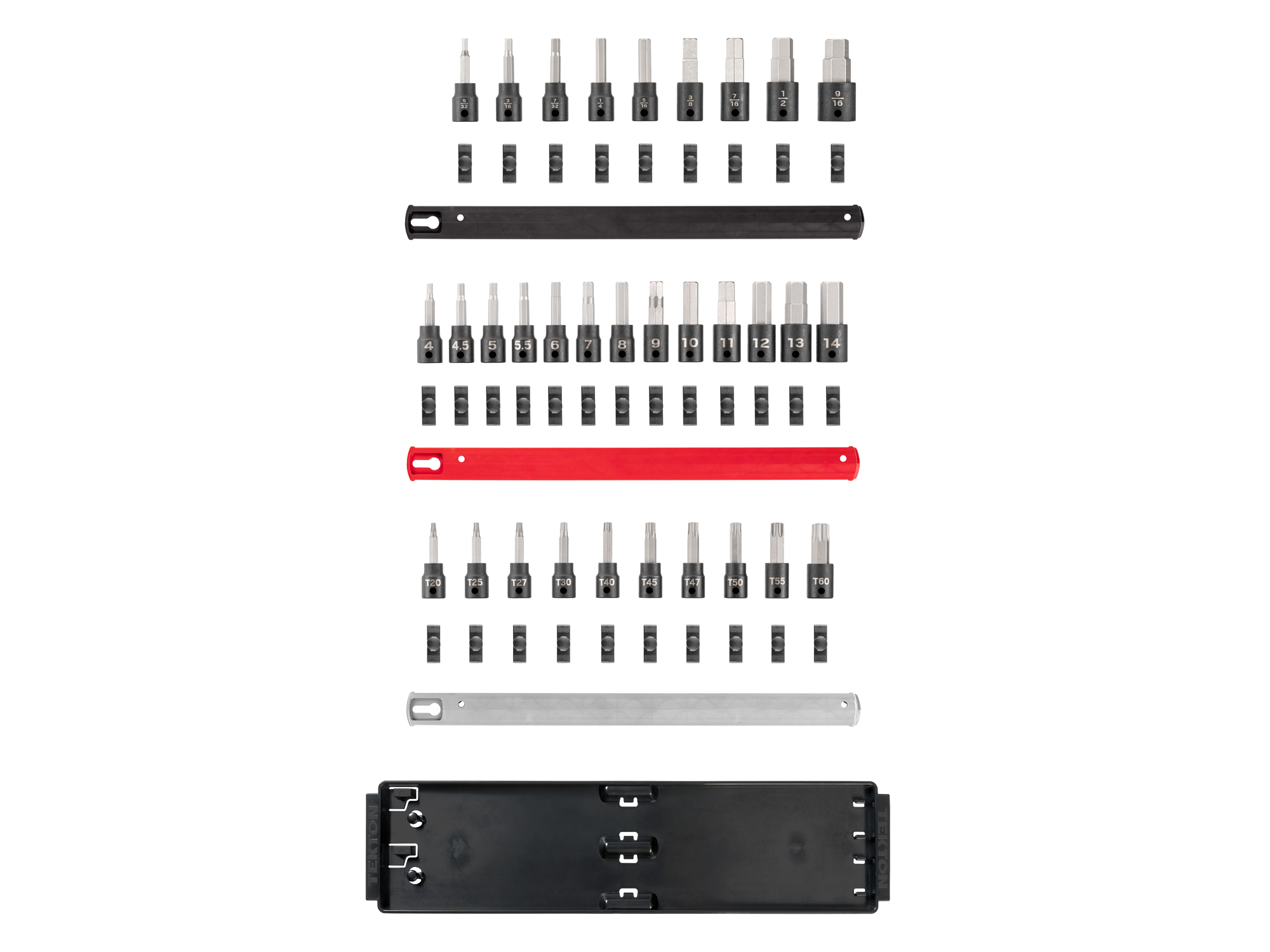 32-piece set includes 5/32–9/16 inch (SAE) hex, 4–14 mm (metric) hex, and T20–T60 Torx (star) impact bit sockets with rail organization. SIB91202.