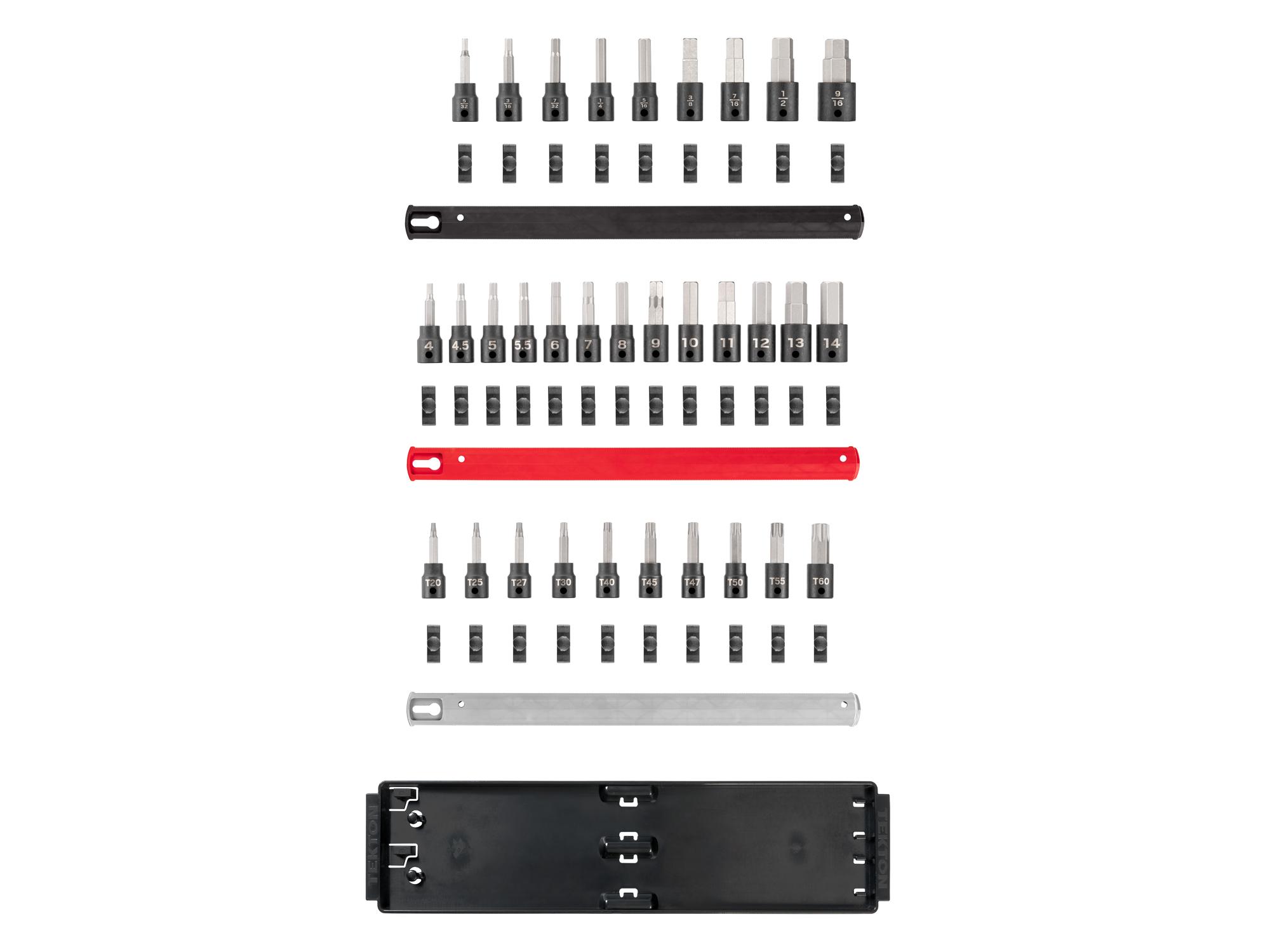 Laid out contents of Tekton rail and tray impact drive bit socket set. Item #SIB91202