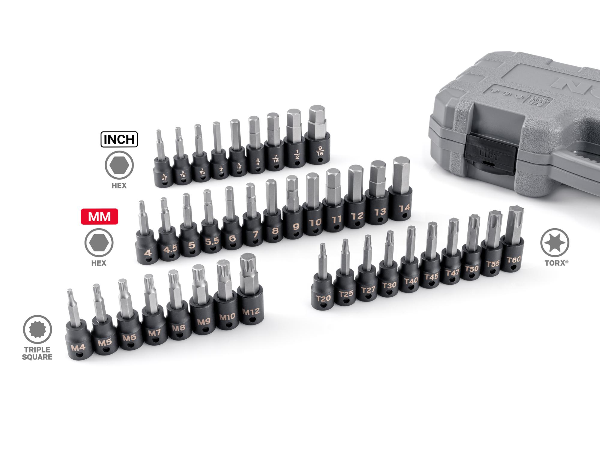 Laid out contents of Tekton case impact drive bit socket set. Item #SIB91301