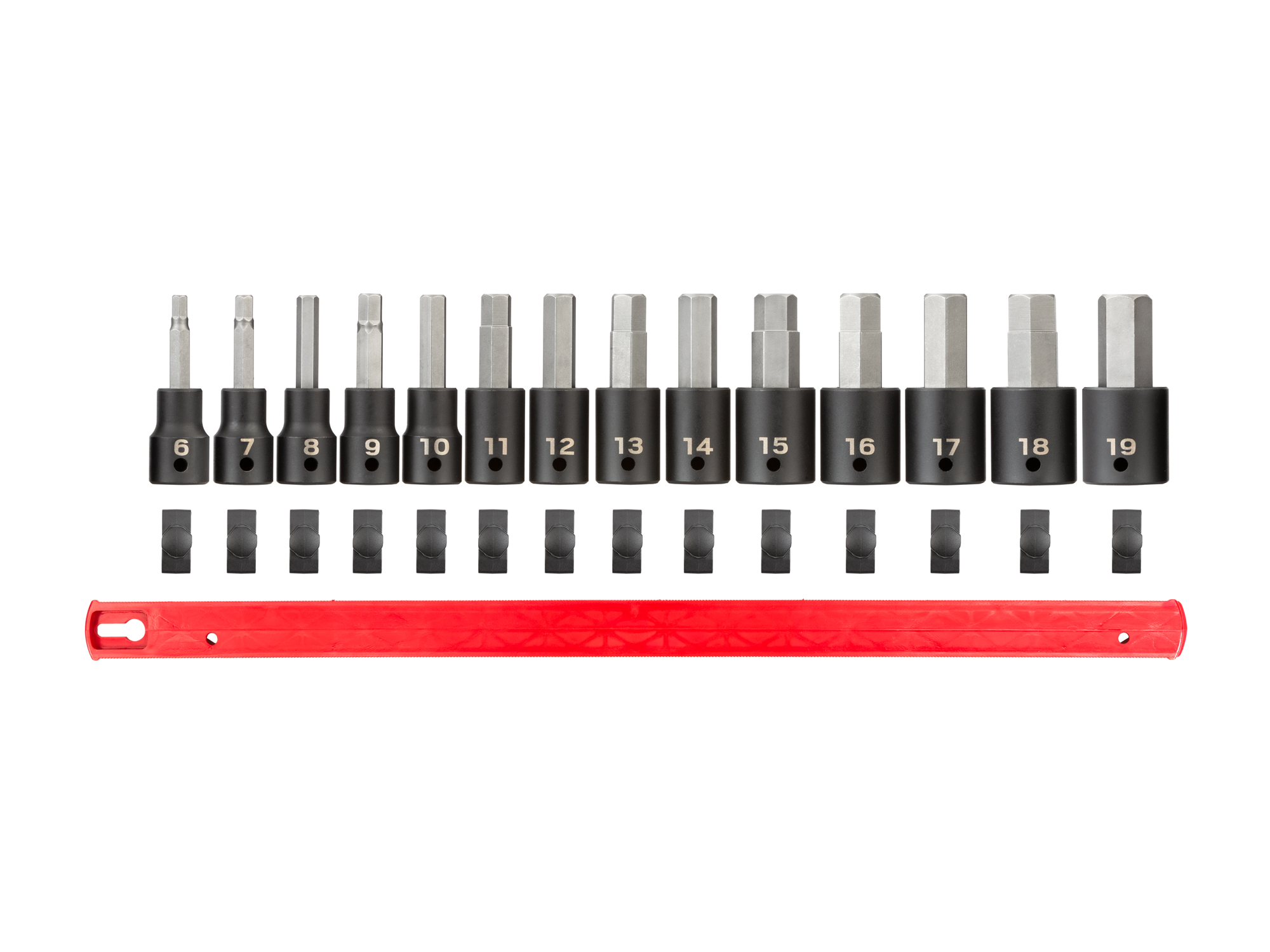 14-piece set includes 6, 7, 8, 9, 10, 11, 12, 13, 14, 15, 16, 17, 18, and 19 mm (metric) hex impact bit sockets with rail organization. SIB92101.