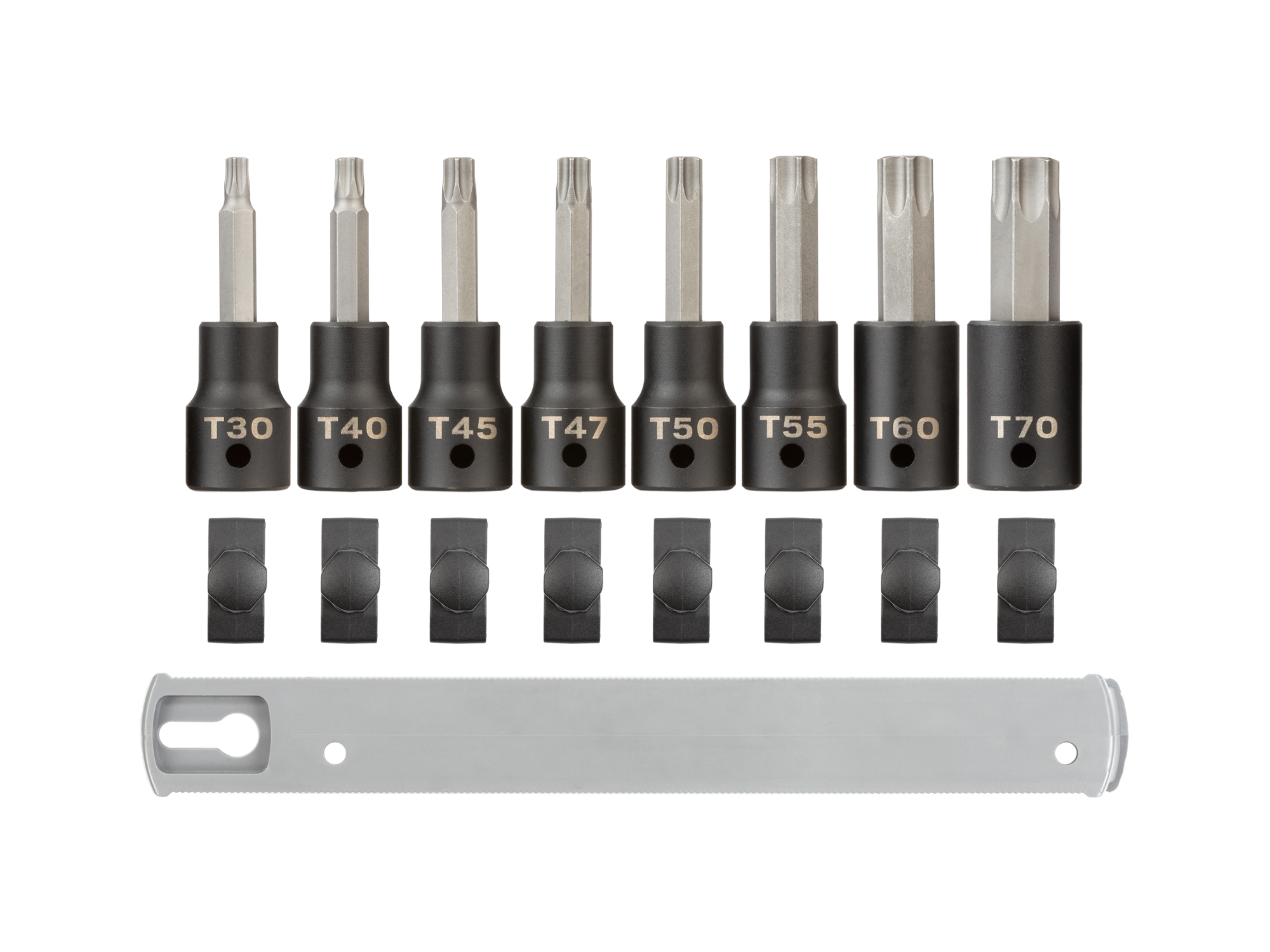 8-piece set includes T30, T40, T45, T47, T50, T55, T60, and T70 Torx® impact bit sockets with rail organization. SIB92102.