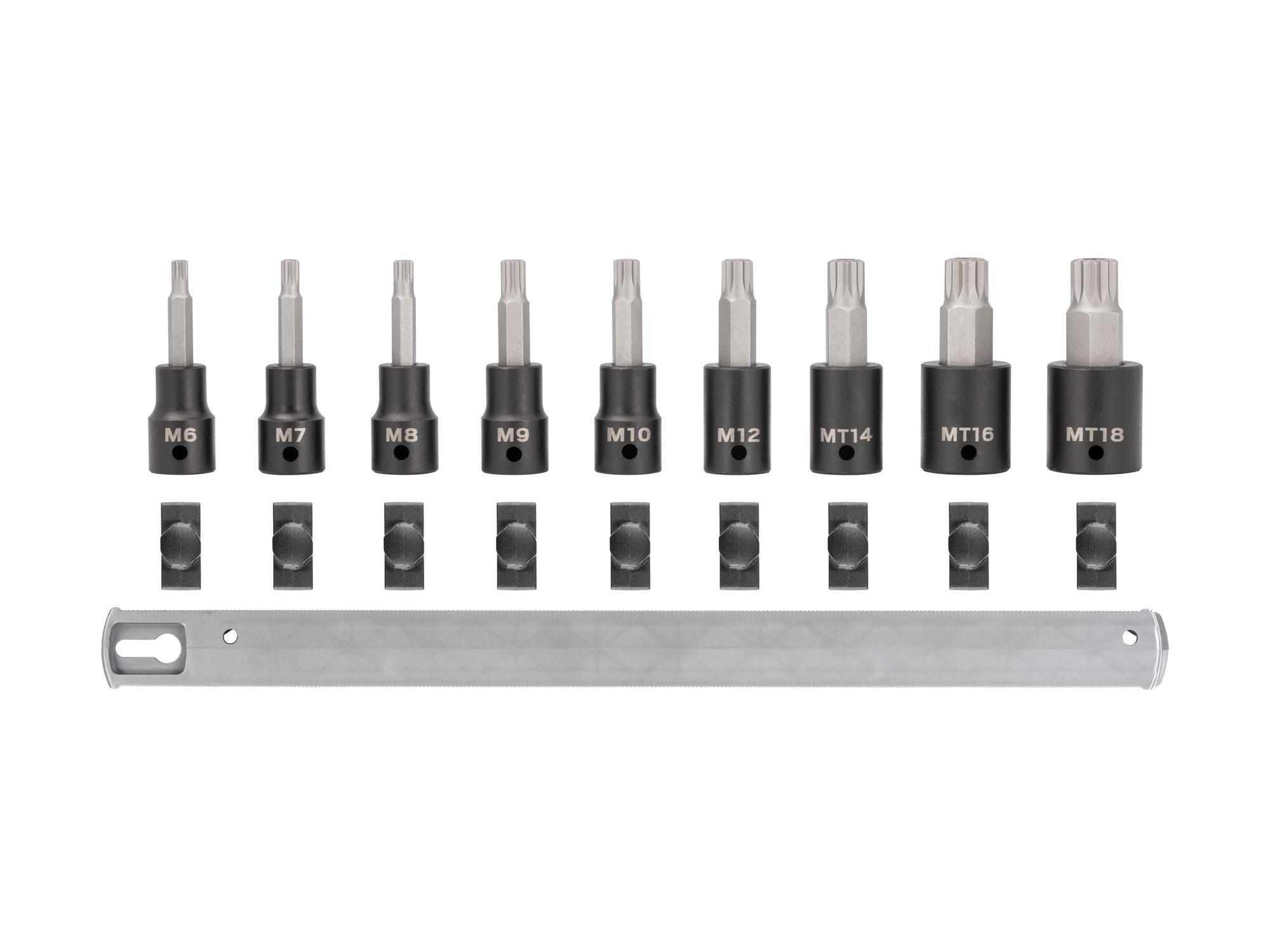 Includes: Triple Square M6-M12, TR Triple Square MT14-MT18 hand drive bit sockets. The S2 steel bit is press fitted into the socket. Comes with rail storage. SIB92103.