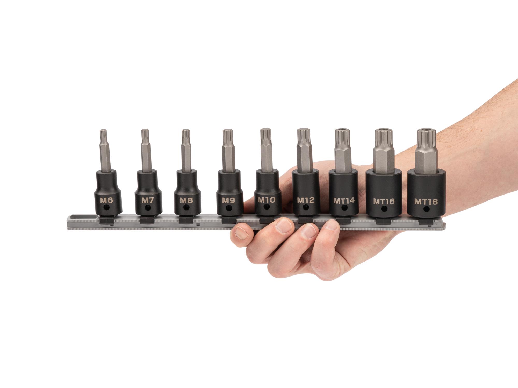 Person holding Tekton rail impact drive bit socket set. Item #SIB92103