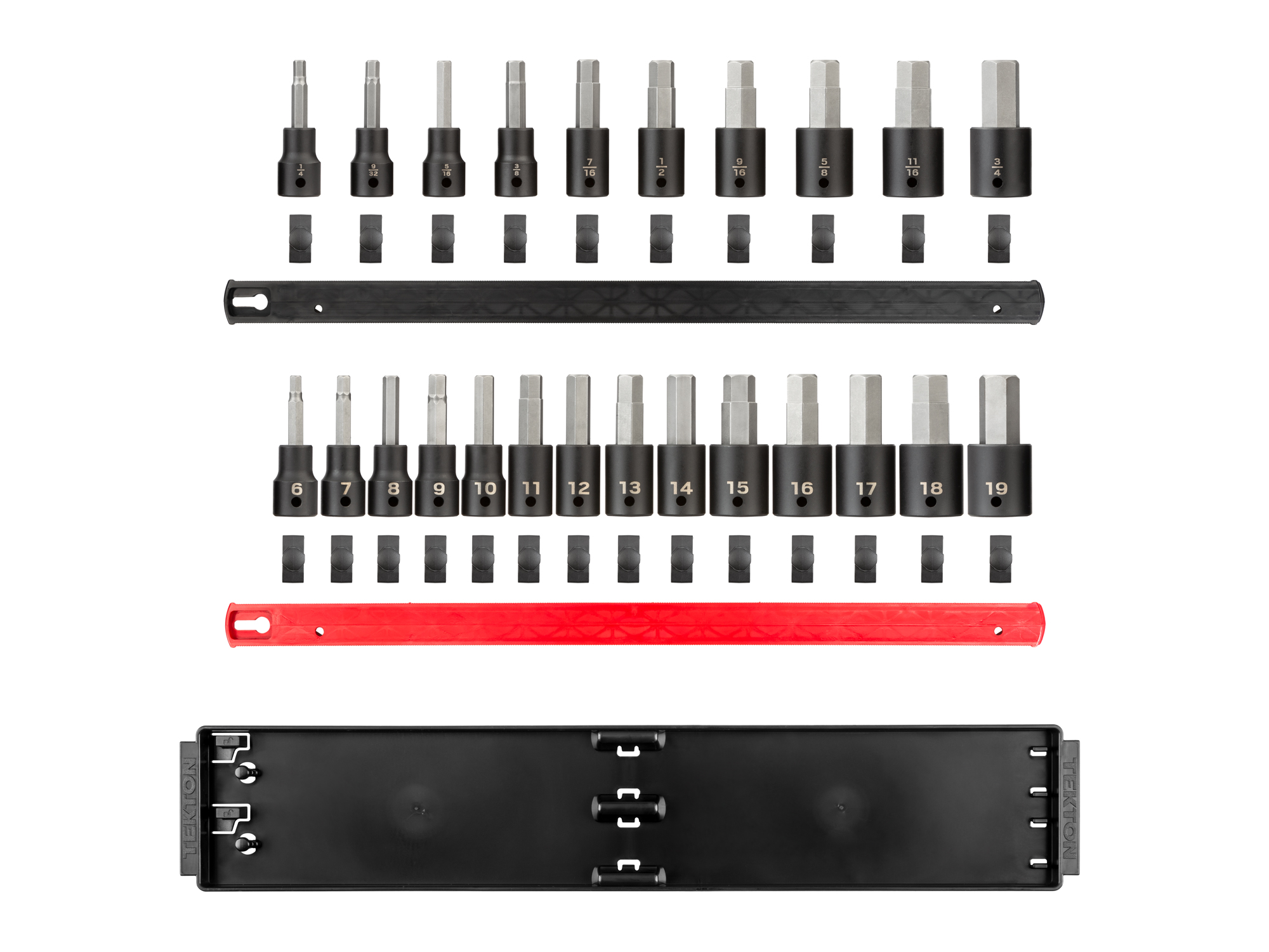 24-piece set includes 1/4, 9/32, 5/16, 3/8, 7/16, 1/2, 9/16, 5/8, 11/16, and 3/4 inch (SAE), and 6, 7, 8, 9, 10, 11, 12, 13, 14, 15, 16, 17, 18, and 19 mm (metric) hex impact bit sockets with rail organization. SIB92201.