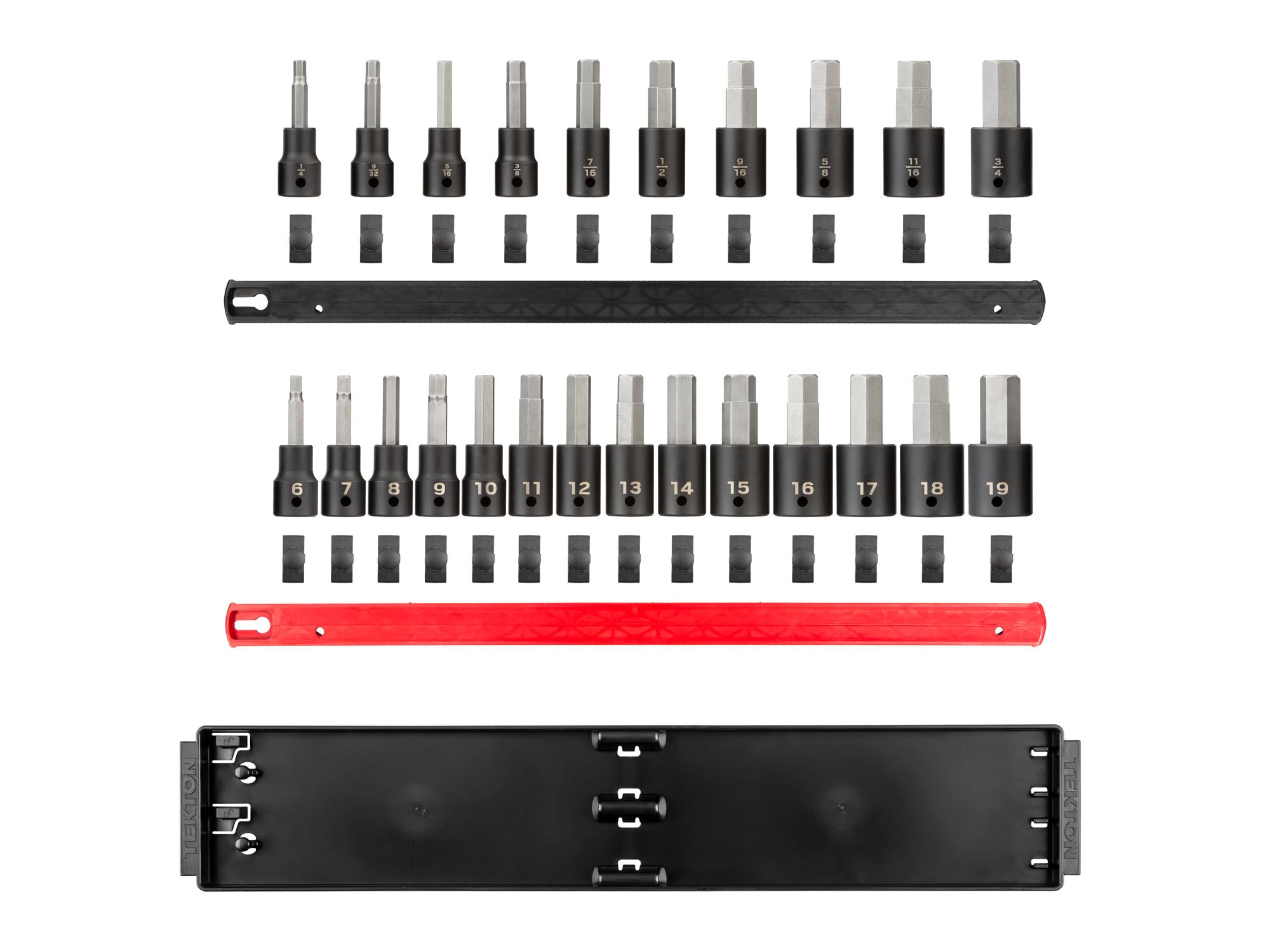 Laid out contents of Tekton rail and tray impact drive bit socket set. Item #SIB92201
