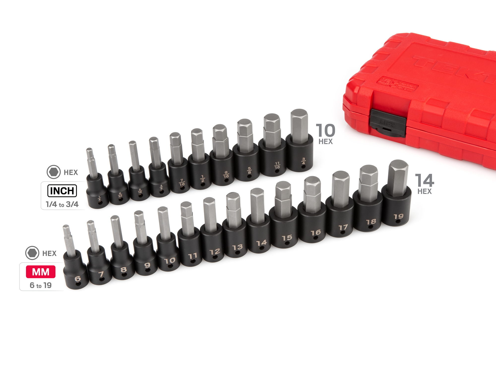 24-piece set includes 1/4–3/4 inch (SAE) and 6–19 mm (metric) hex impact drive bit sockets with organization case. SIB92311.