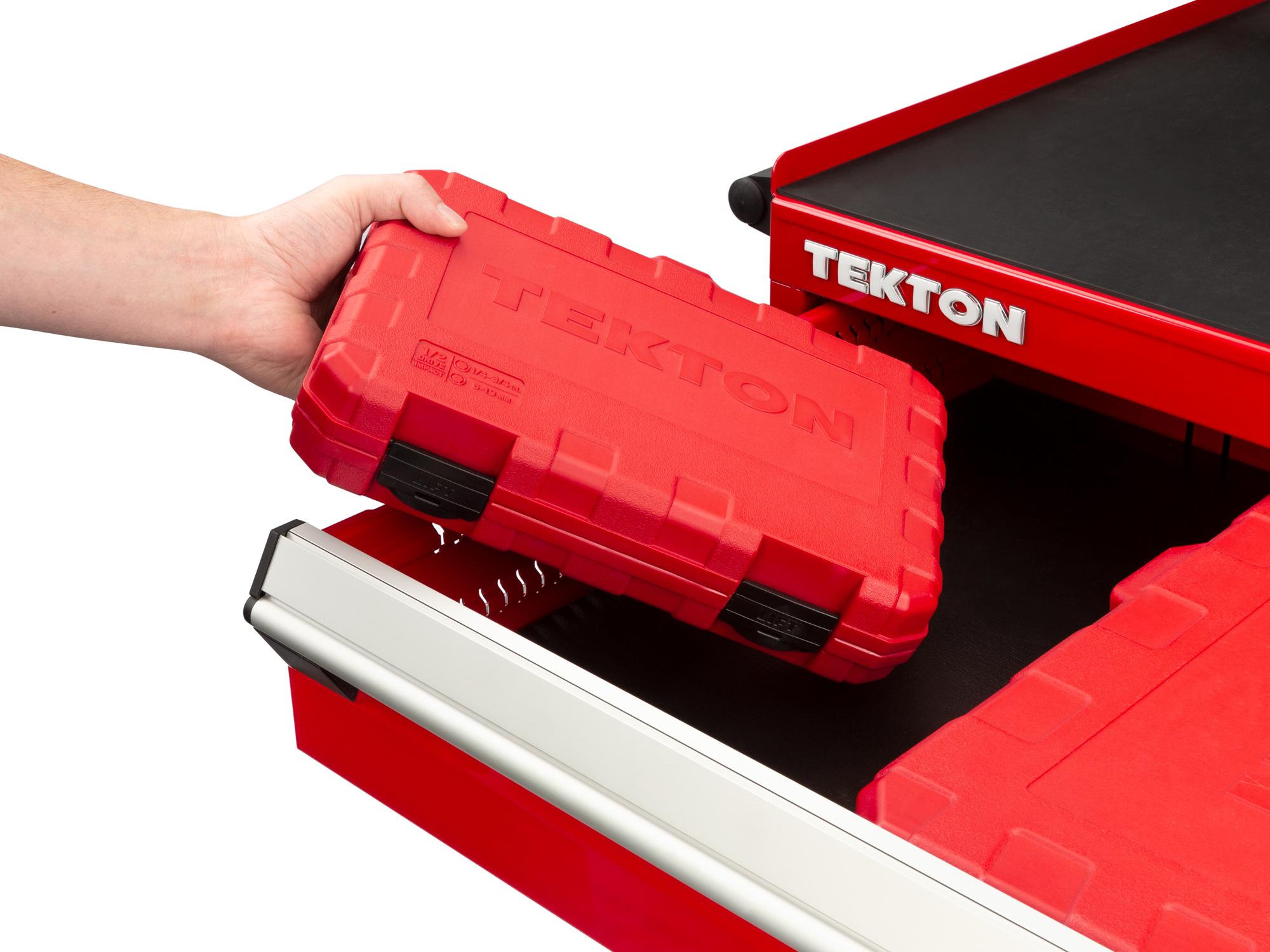 Front angled view of Tekton case impact drive bit socket set in a tool cabinet drawer. Item #SIB92311