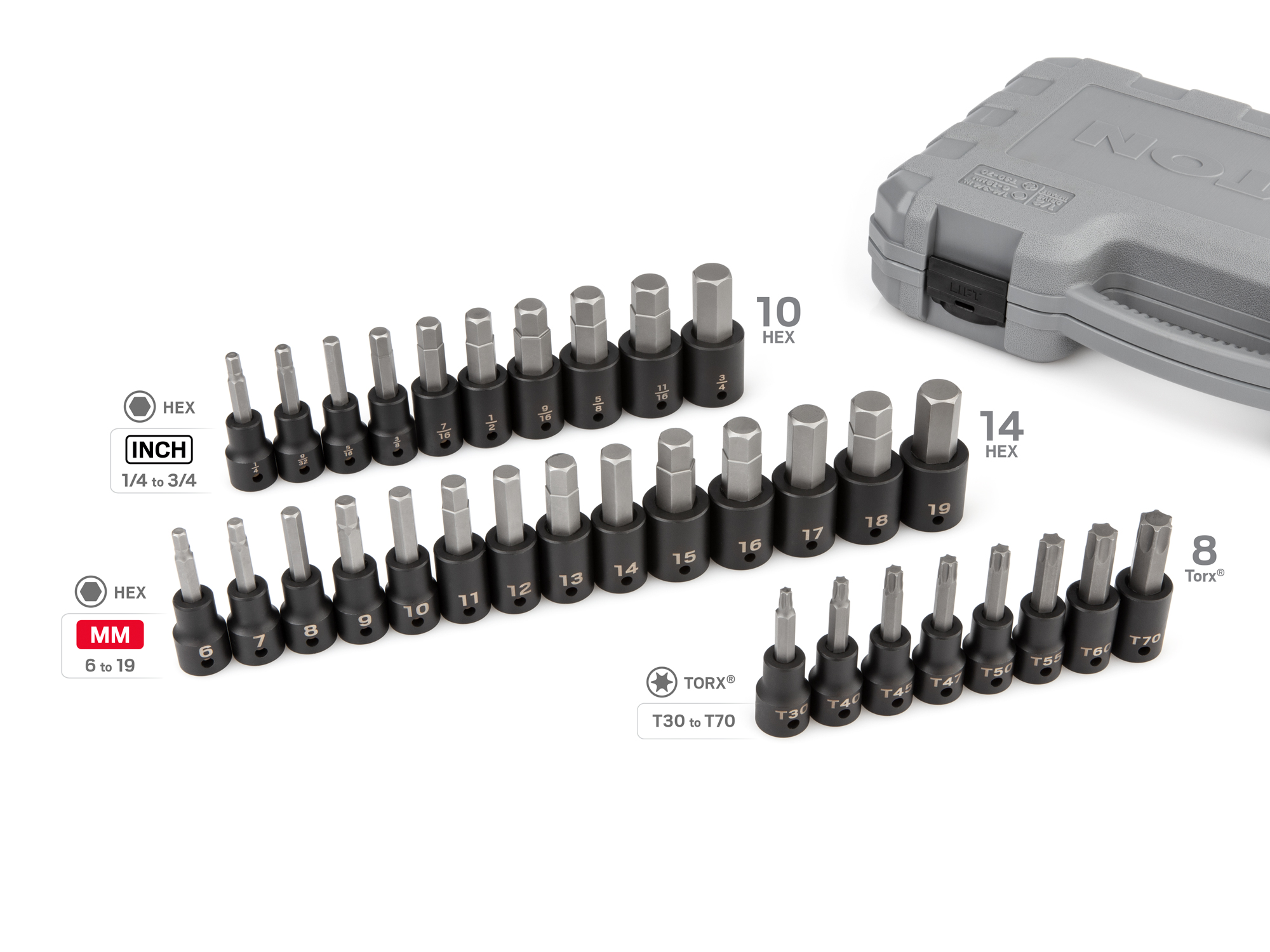 32-piece set includes 1/4–3/4 inch (SAE) hex, 6–19 mm (metric) hex, and T30–T70 Torx® impact drive bit sockets with carrying case. SIB92312.