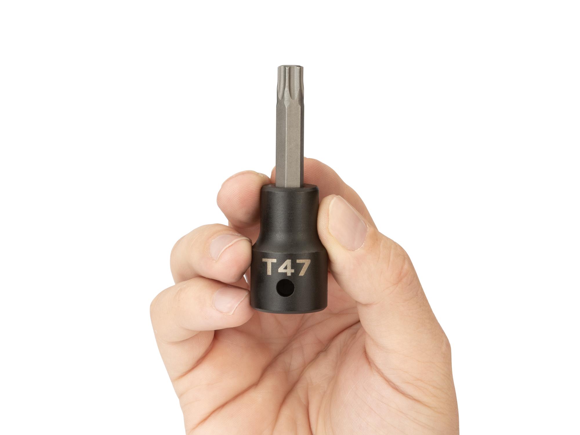 Person holding Tekton impact drive bit socket. Item #SIB24247