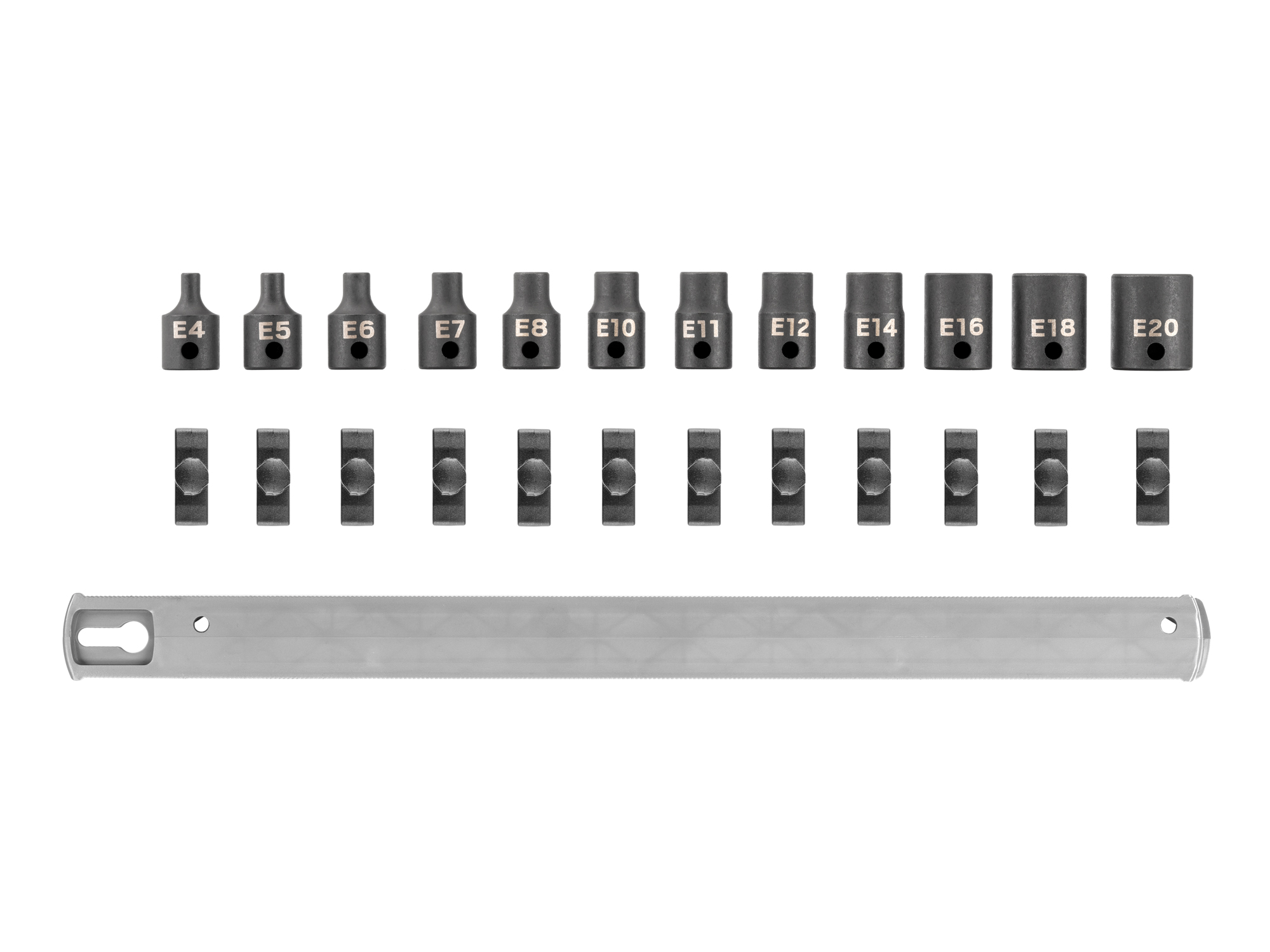 Set includes E4–E20 3/8 inch drive external star (E-Star) impact bit sockets with rail organization. SID91116.