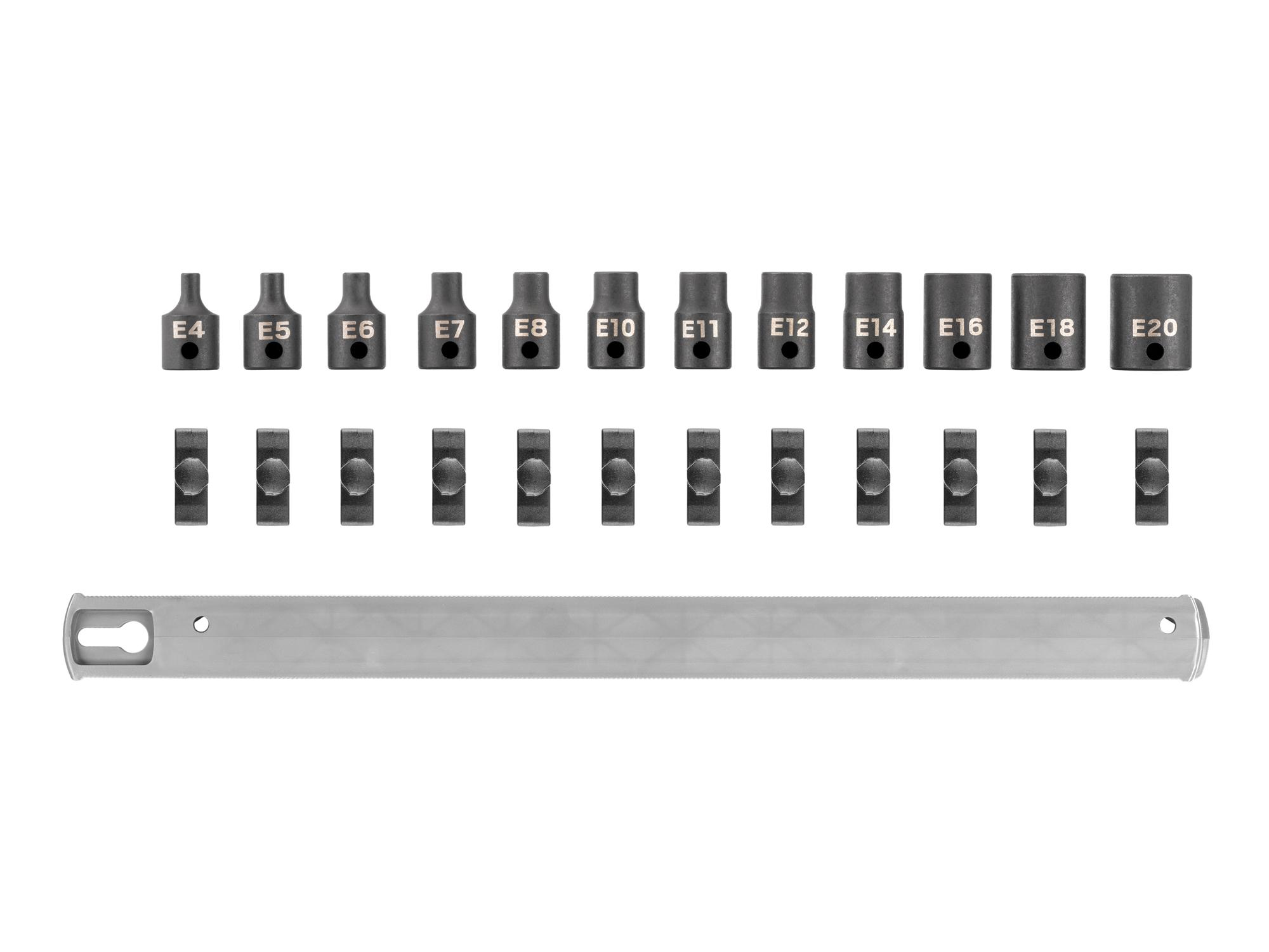 Laid out contents of Tekton rail impact drive external star socket set. Item #SID91116