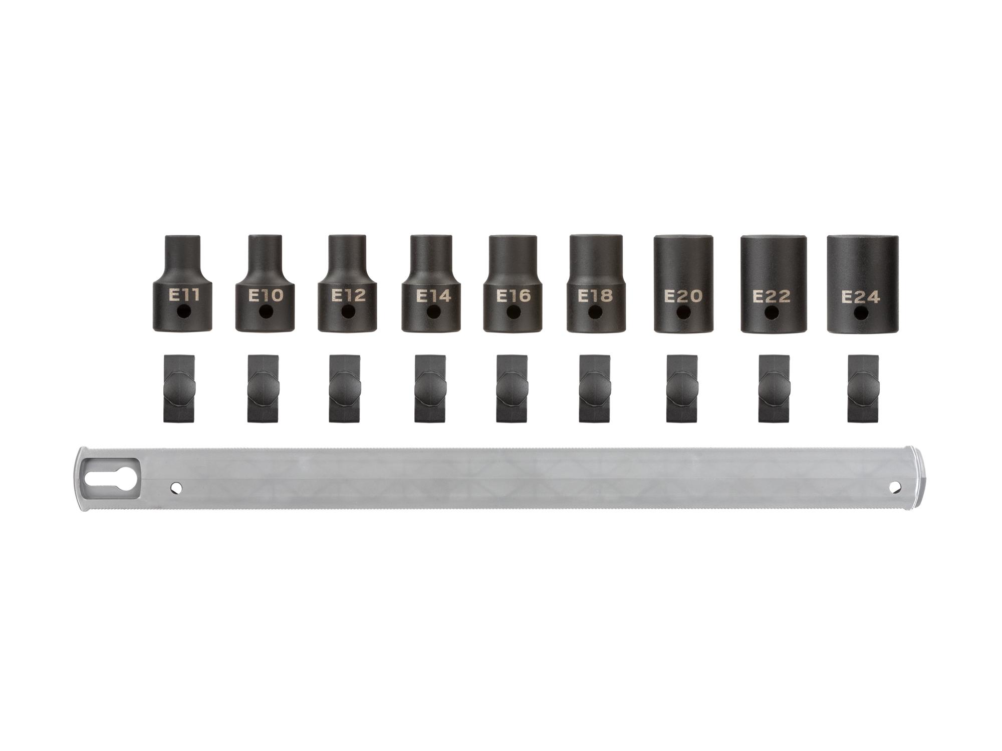 Laid out contents of Tekton rail impact drive external star socket set. Item #SID92100