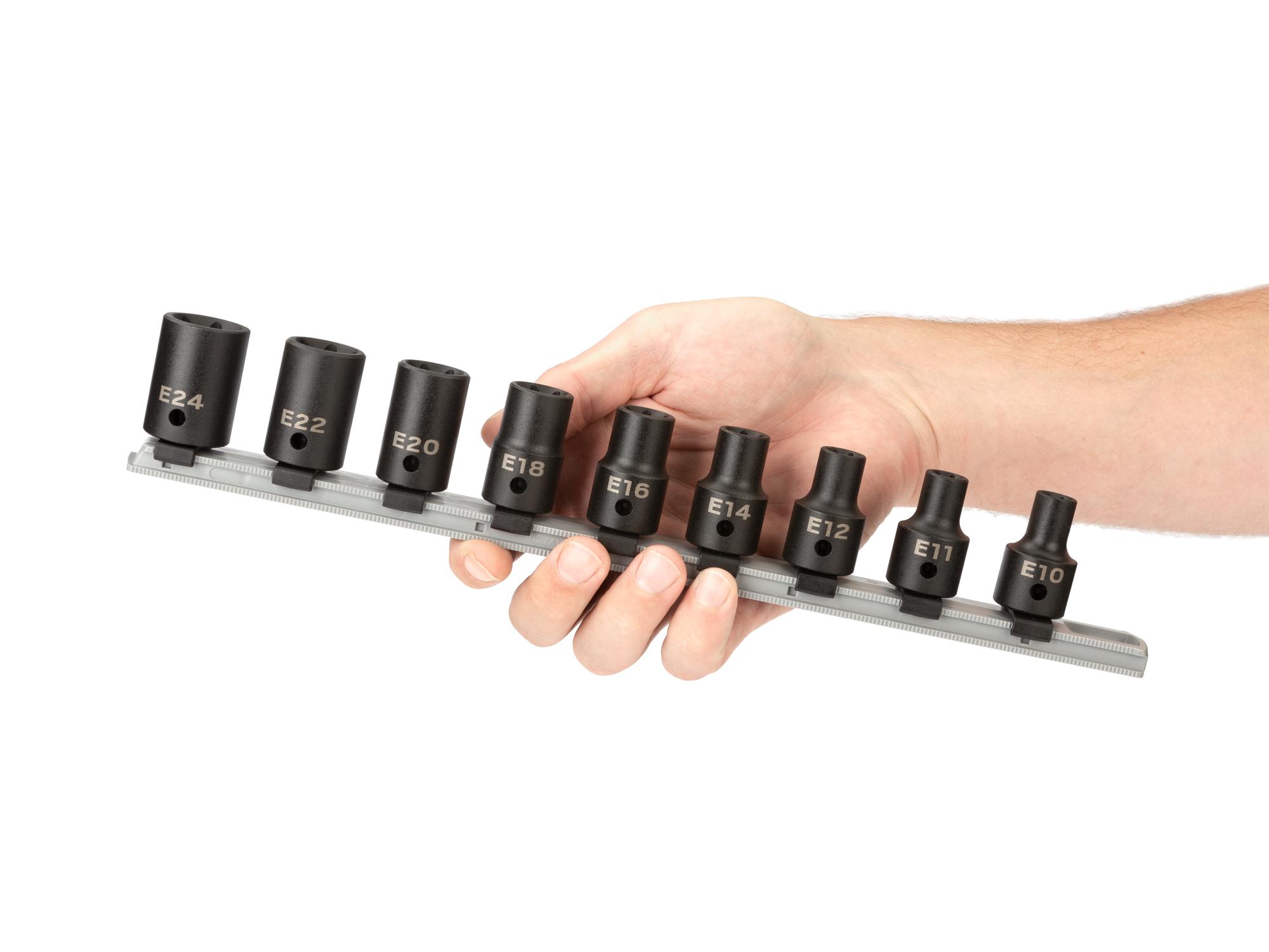 Person holding Tekton rail impact drive external star socket set. Item #SID92100