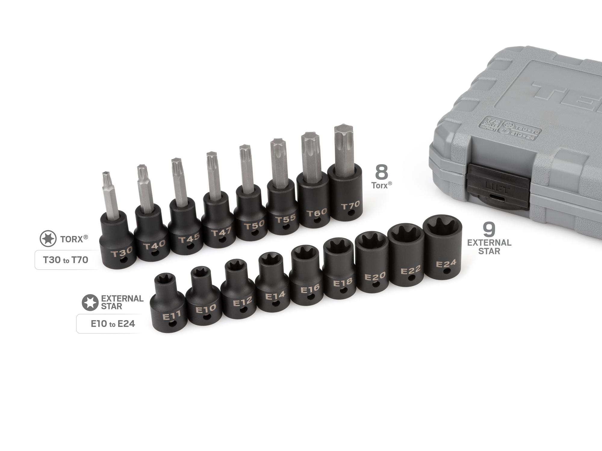 Laid out contents of Tekton case impact drive external star socket set. Item #SKT25801