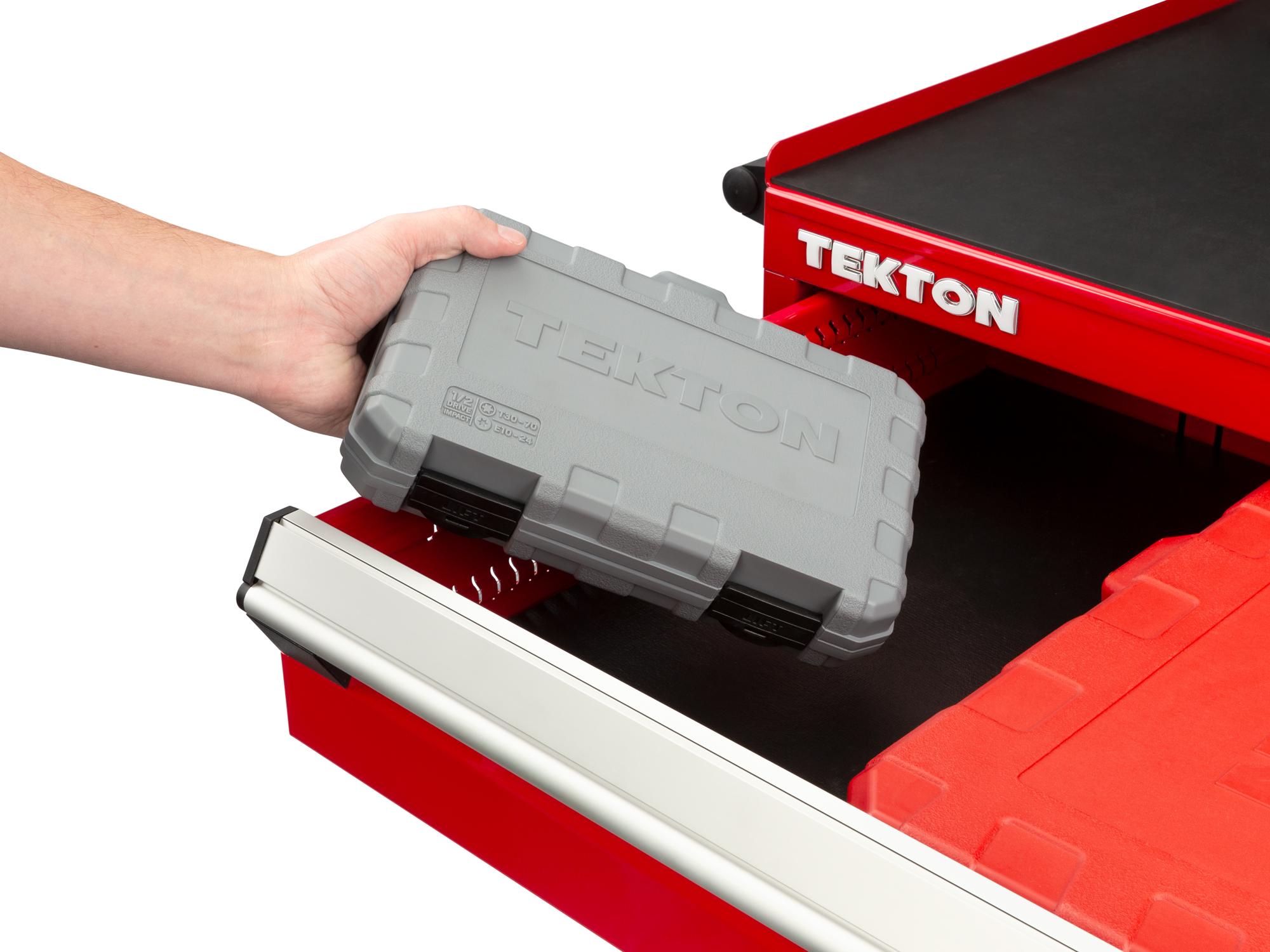 Front angled view of Tekton case impact drive external star socket set in a tool cabinet drawer. Item #SKT25801