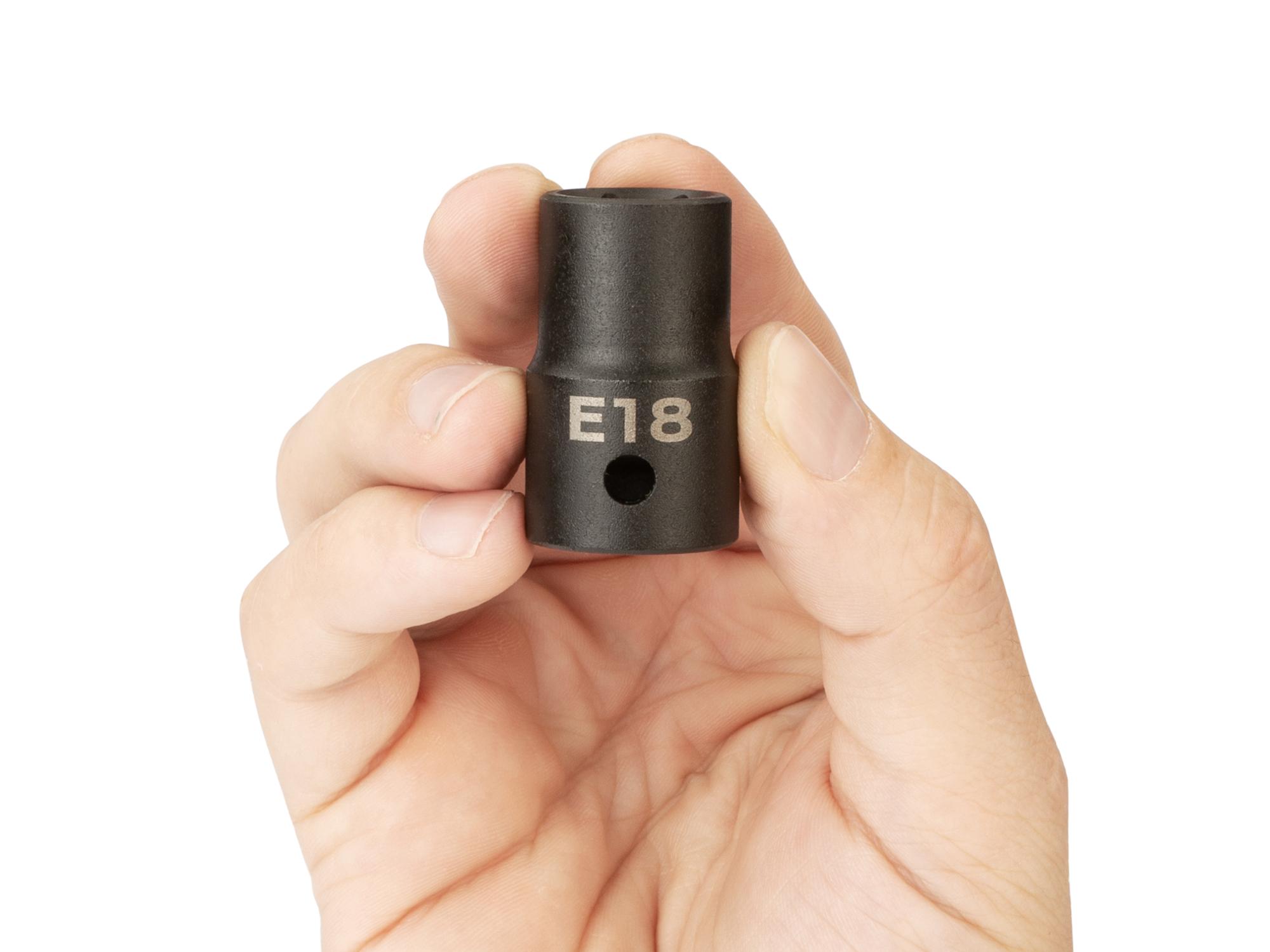 Person holding Tekton impact drive external star socket. Item #SID22418