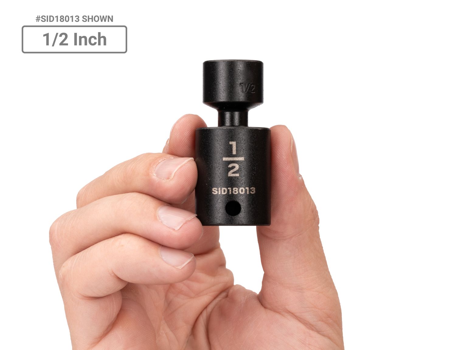 Person holding Tekton 1/2 inch impact drive universal joint socket. Item #SID18013