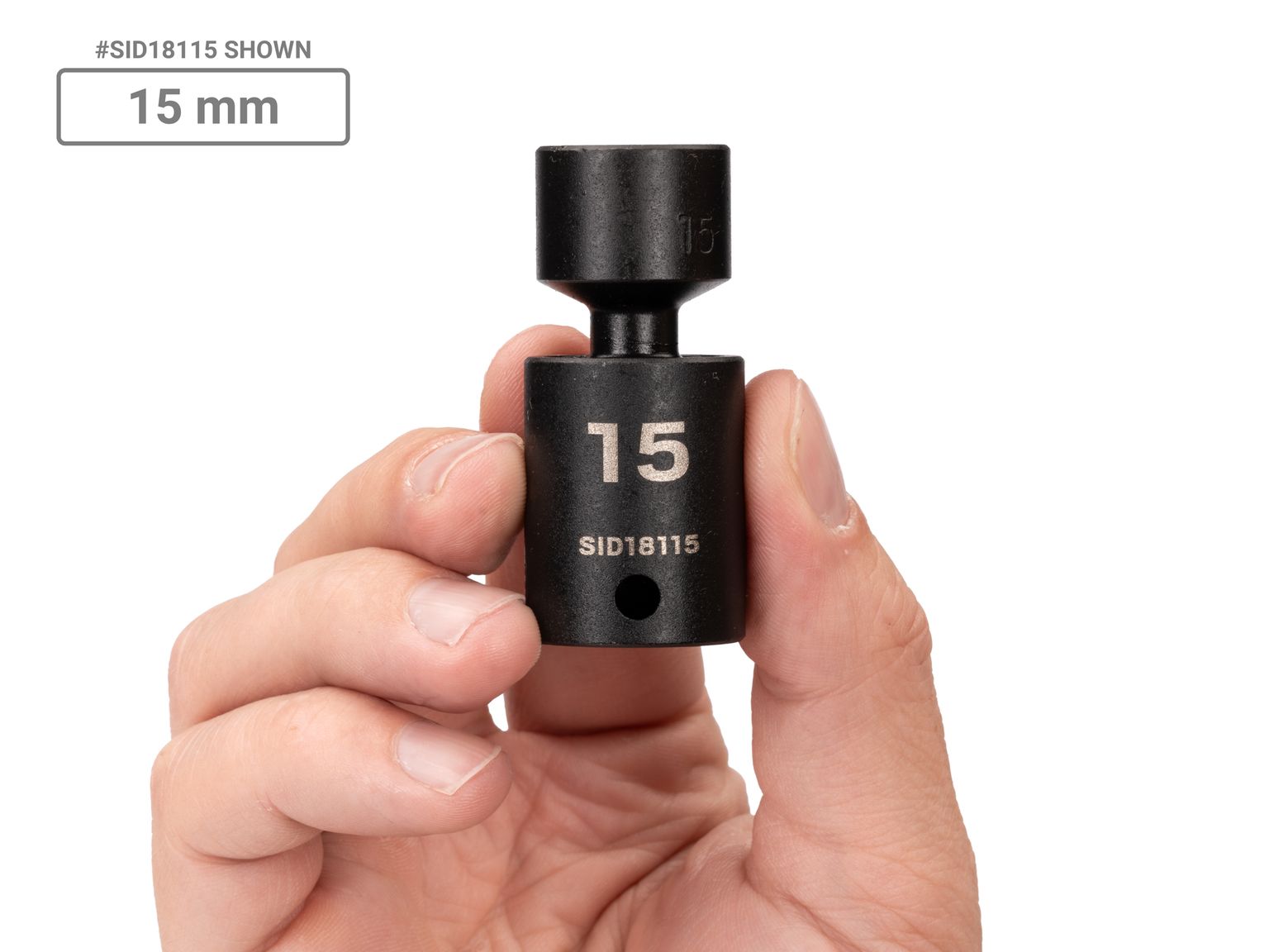 Person holding Tekton 15 millimeter impact drive universal joint socket. Item #SID18115