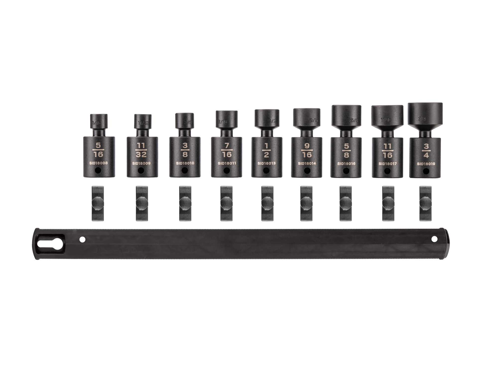 9-piece set includes 5/16–3/4 inch (SAE) 6-point universal joint impact sockets. Comes with organization rail. No skipped sizes. SID97100.