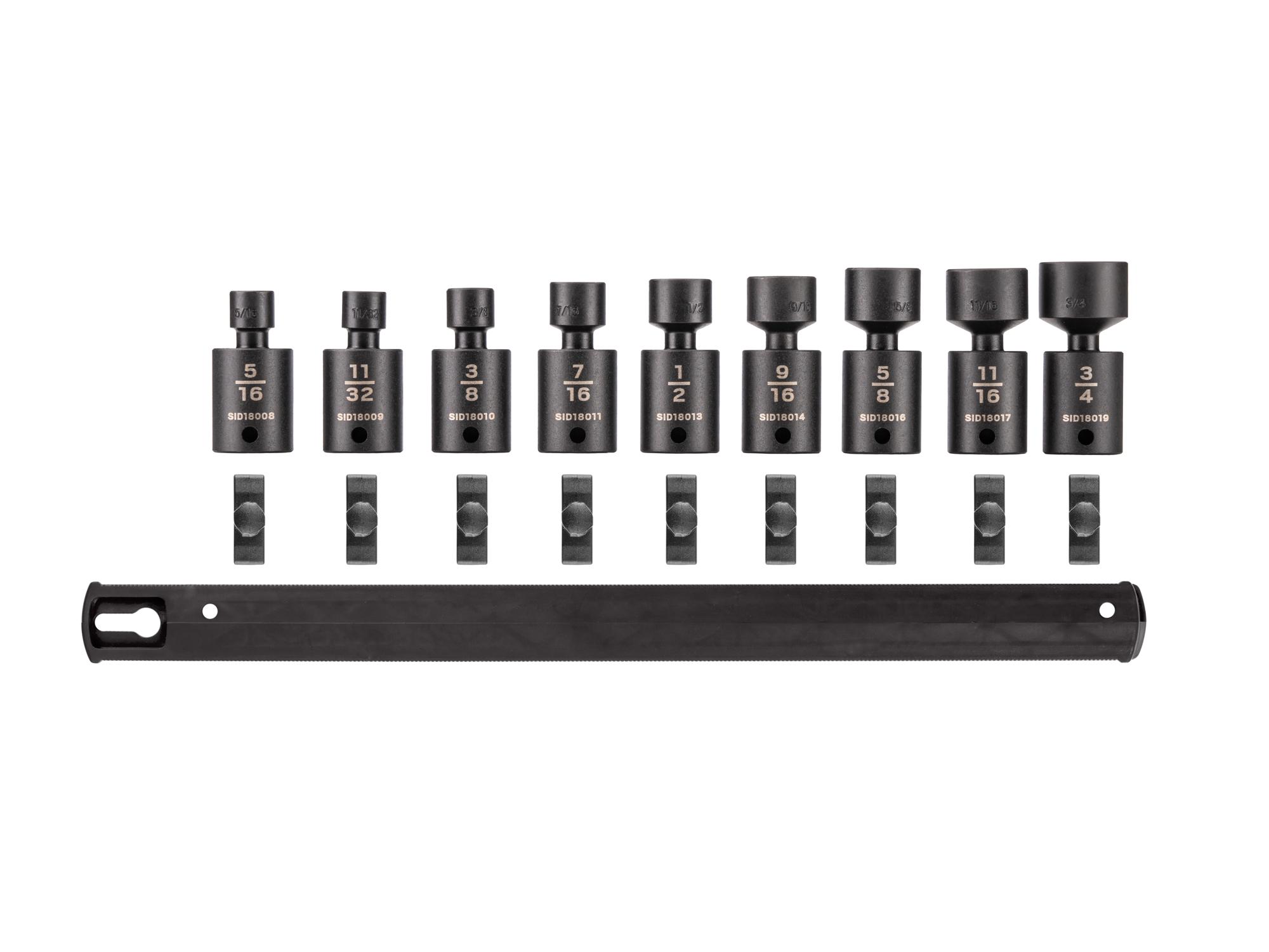 Laid out contents of Tekton rail impact drive universal joint socket set. Item #SID97100