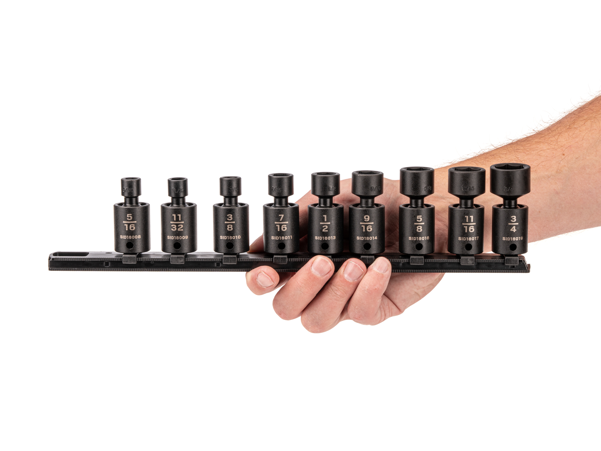 9-piece set includes 5/16–3/4 inch (SAE) 6-point universal joint impact sockets. Comes with organization rail. No skipped sizes. SID97100.