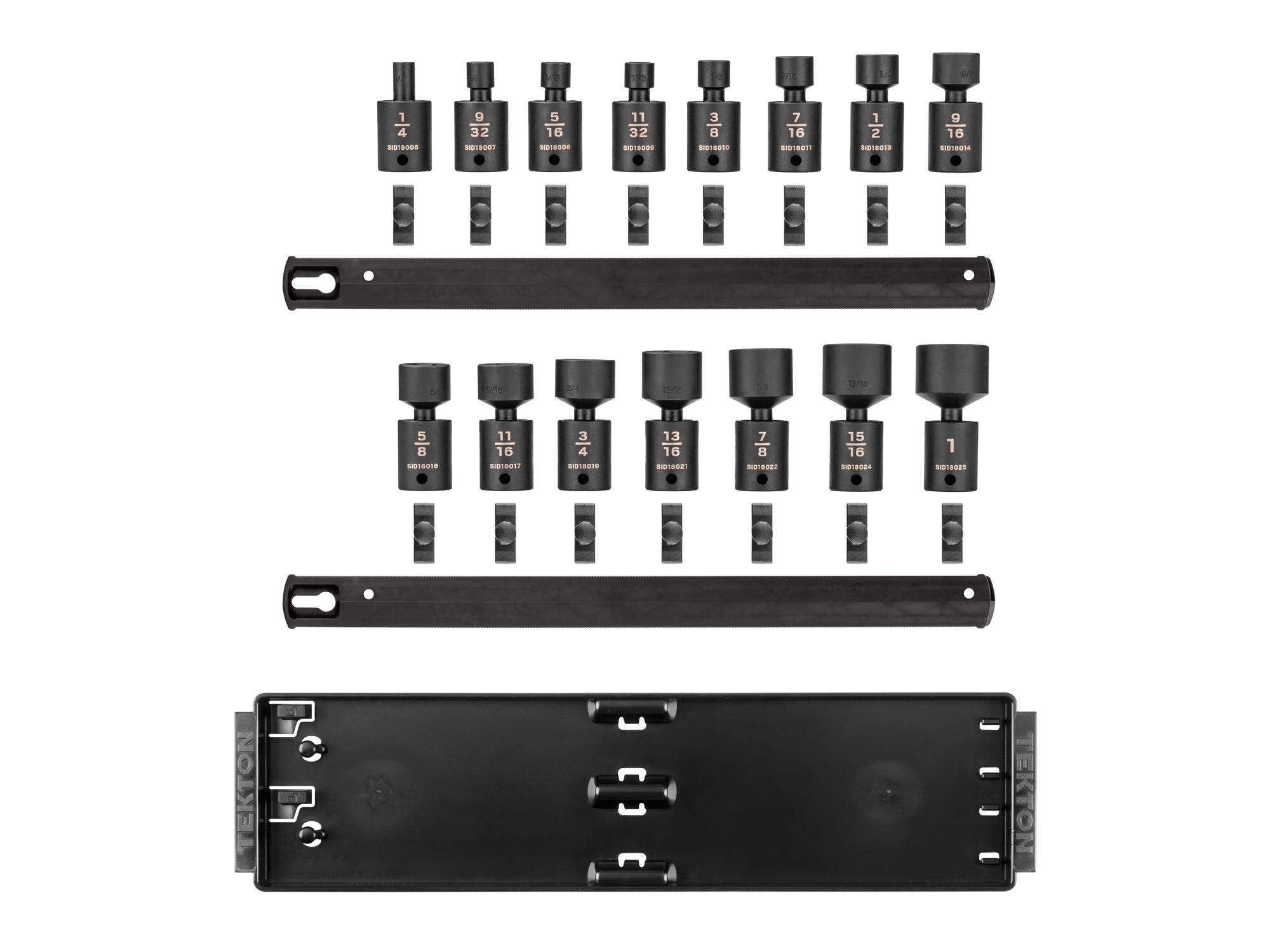 Laid out contents of Tekton rail impact drive universal joint socket set. Item #SID97101