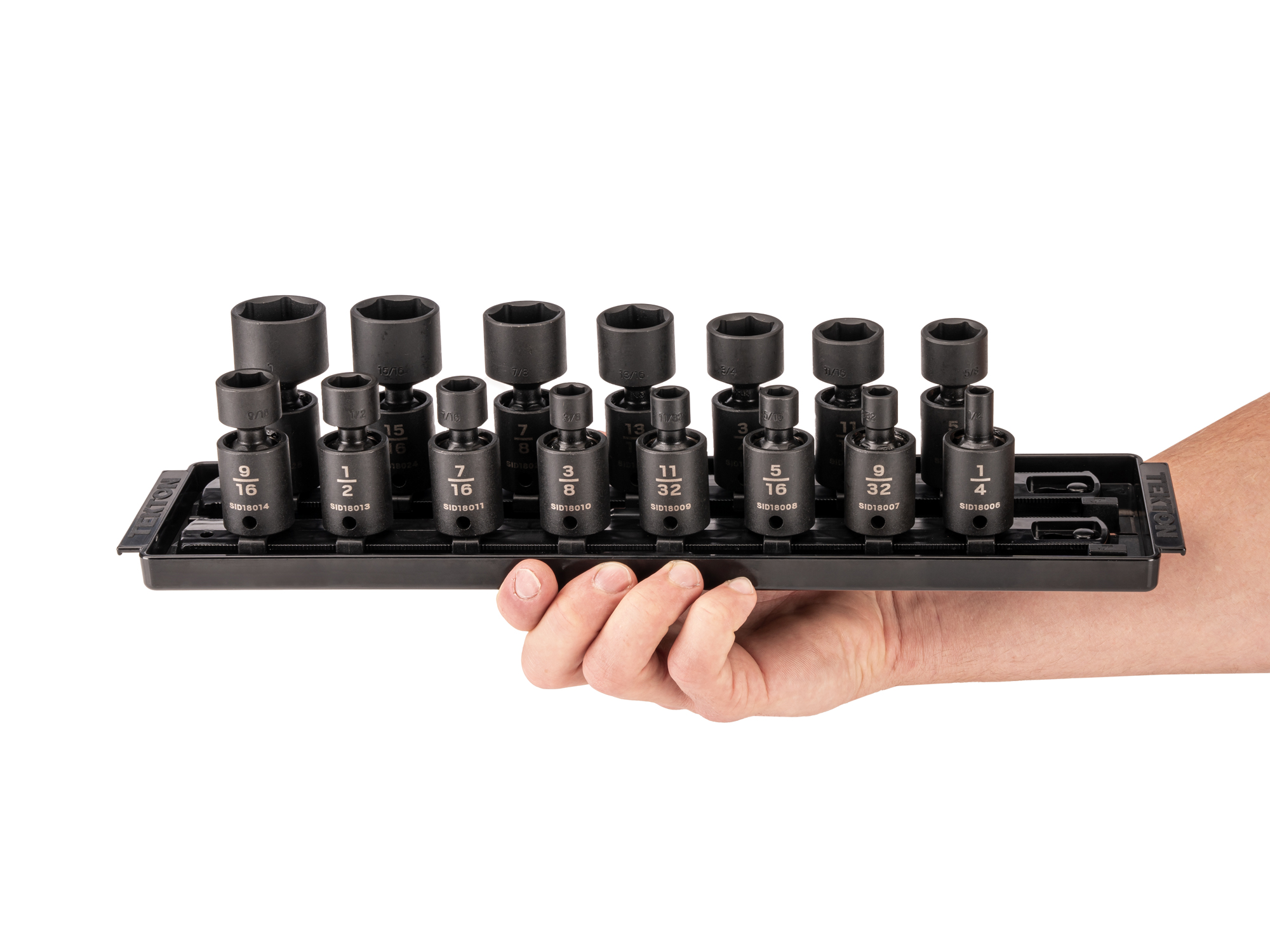 TEKTON 3/8 Inch Drive 6-Point Universal Joint Impact Socket Set with Rails and Tray, 15-Piece (1/4-1 in.)