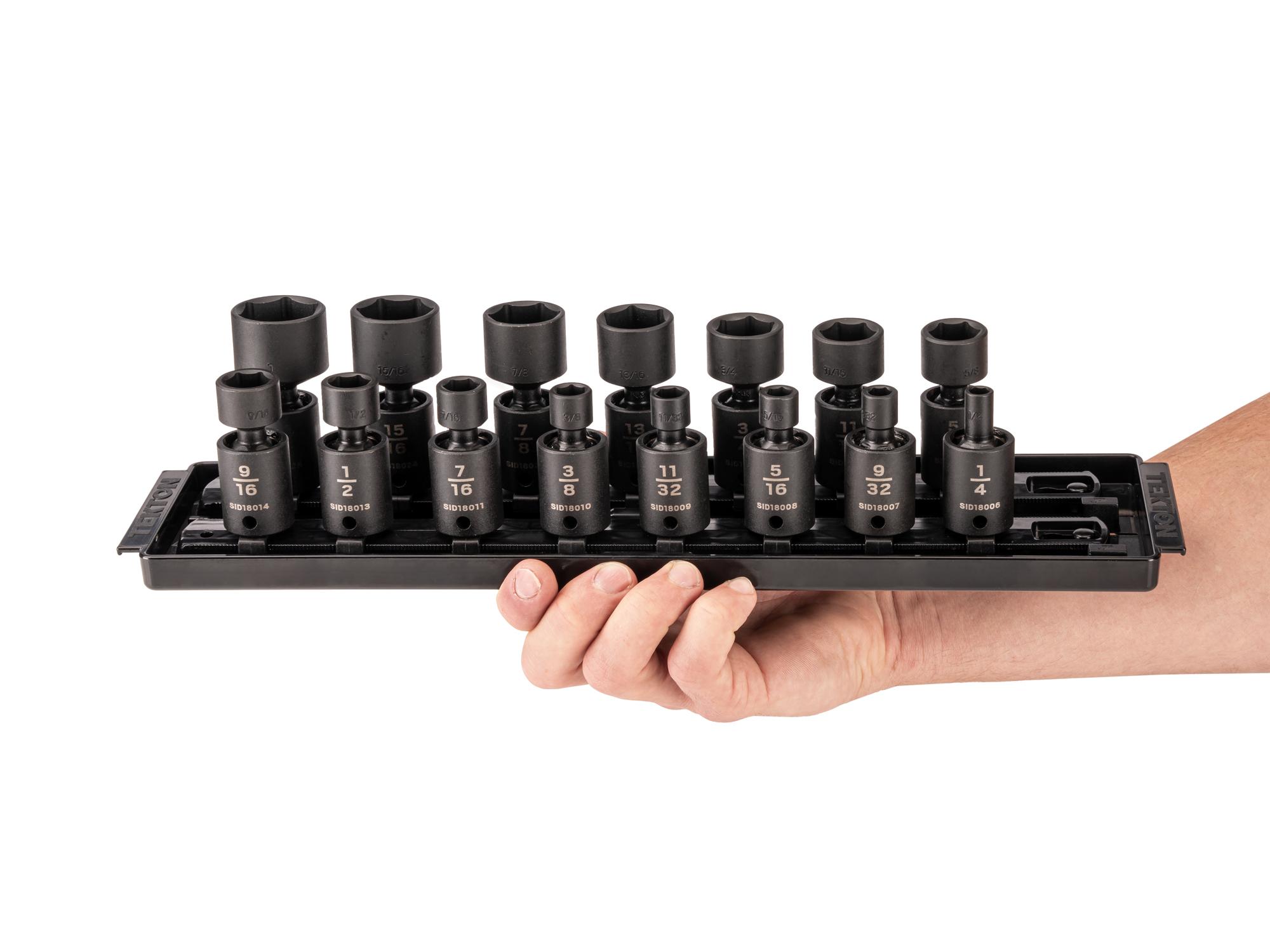 Person holding Tekton rail impact drive universal joint socket set. Item #SID97101