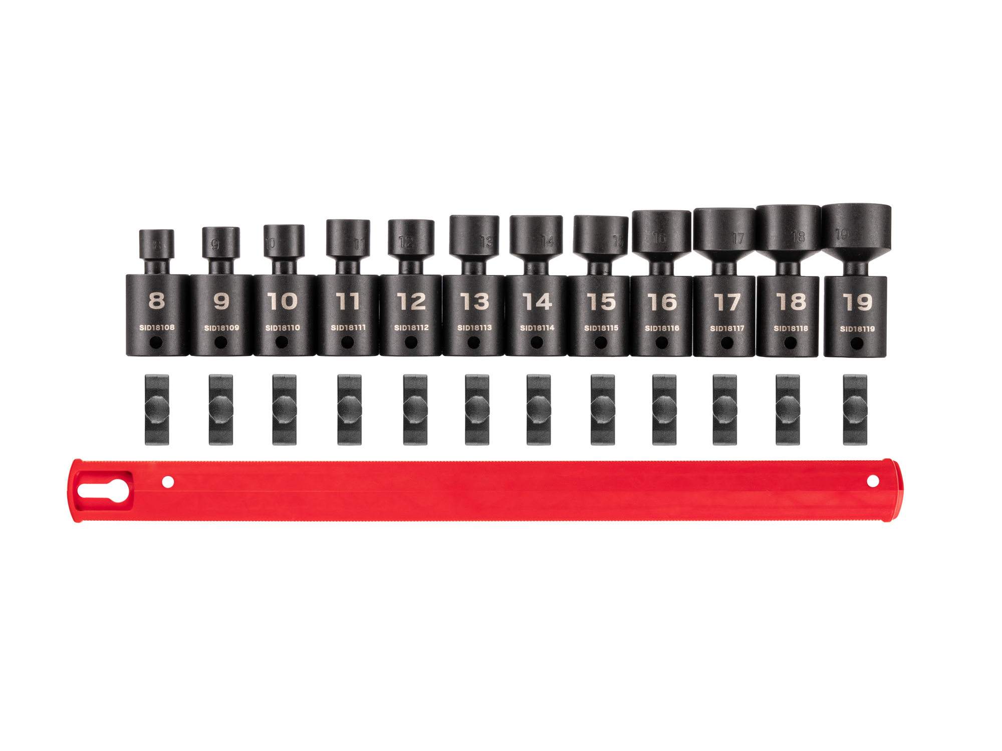 12-piece set includes 8–19 mm (metric) 6-point universal joint impact sockets. Comes with organization rail. No skipped sizes. SID97102.