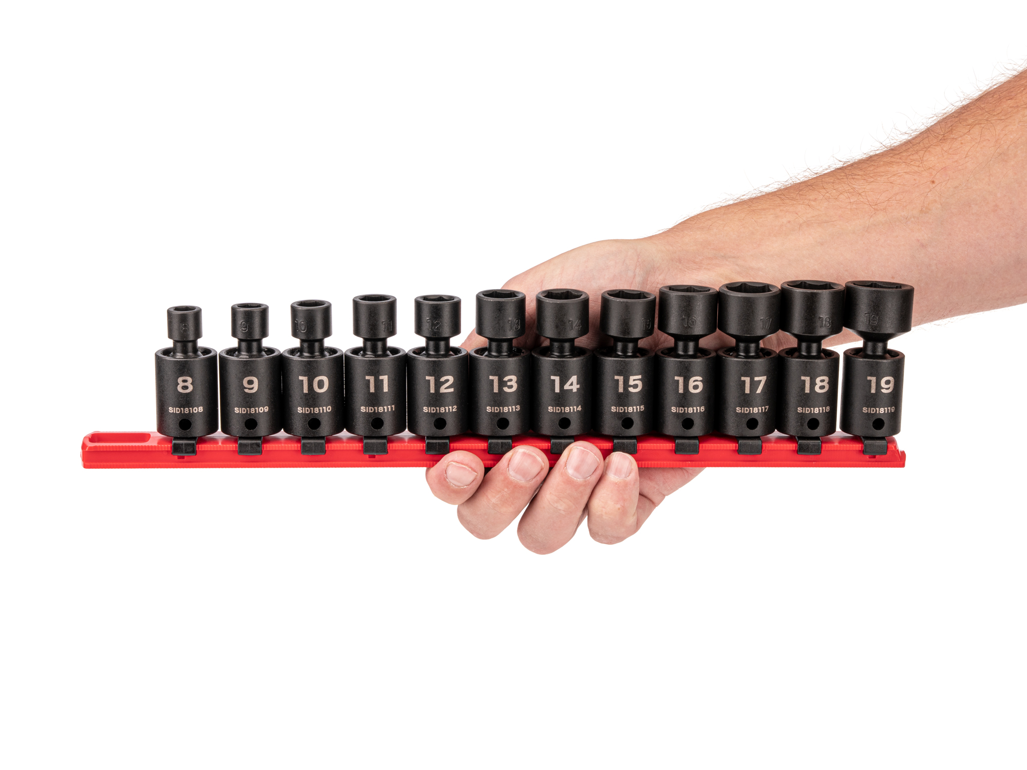 12-piece set includes 8–19 mm (metric) 6-point universal joint impact sockets. Comes with organization rail. No skipped sizes. SID97102.