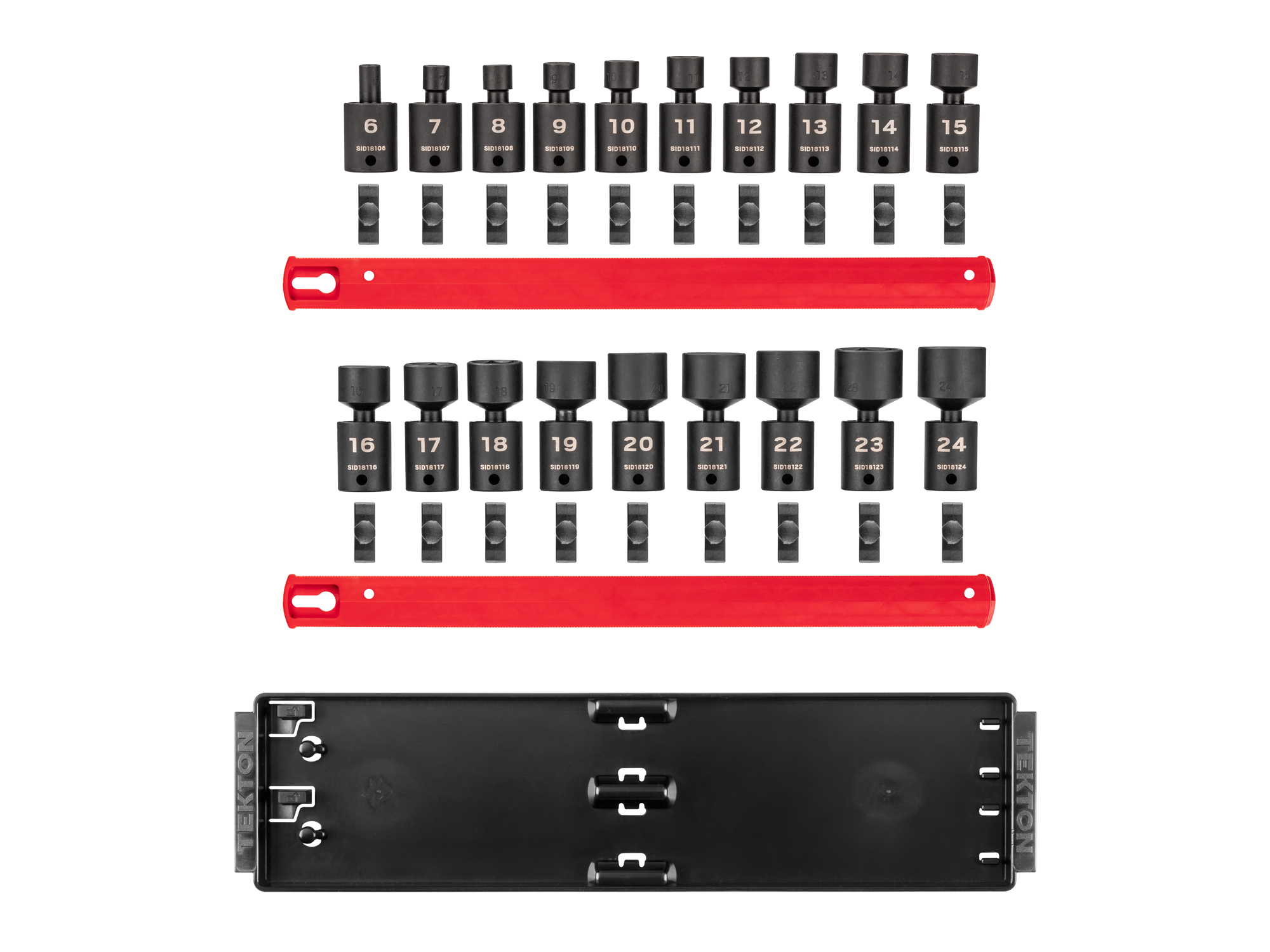 TEKTON 3/8 Inch Drive 6-Point Universal Joint Impact Socket Set with Rails and Tray, 19-Piece (6-24 mm)