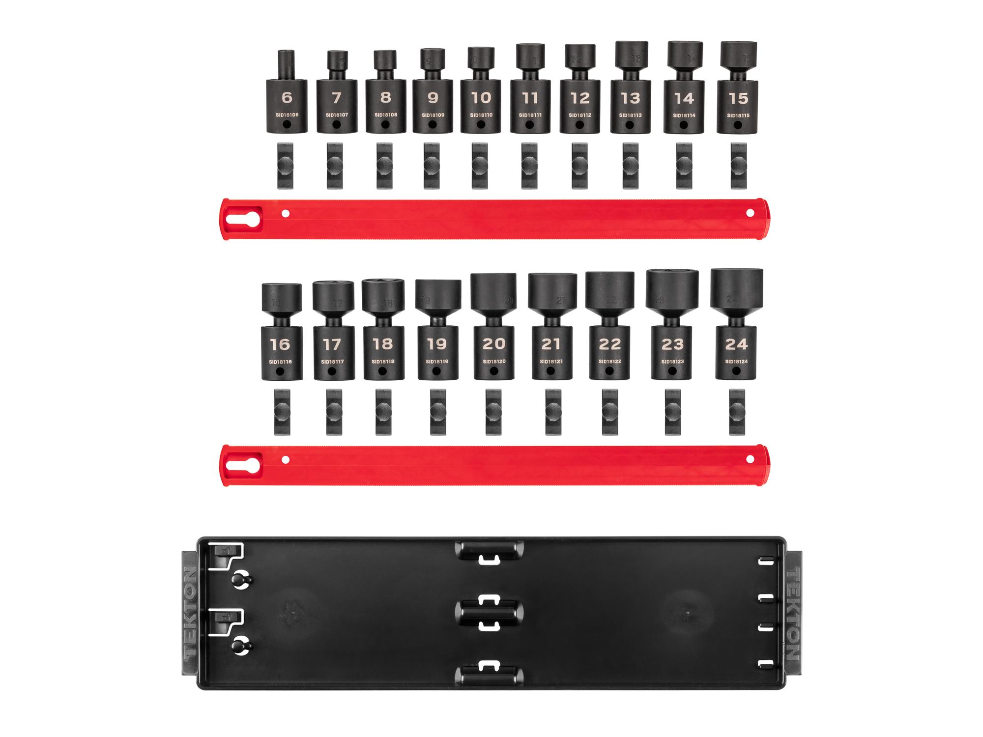 Laid out contents of Tekton rail impact drive universal joint socket set. Item #SID97103