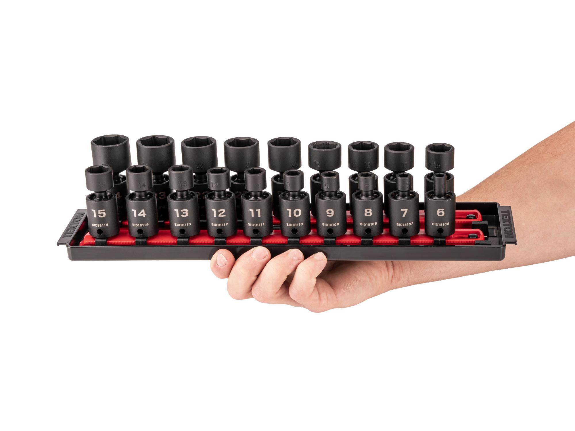 Person holding Tekton rail impact drive universal joint socket set. Item #SID97103
