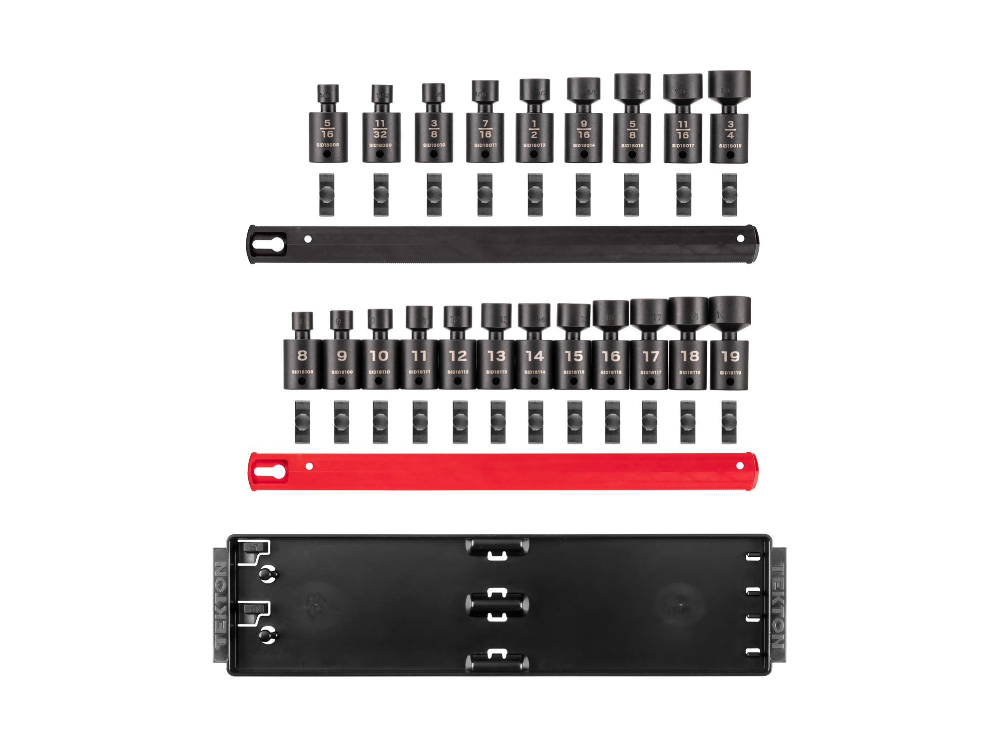 21-piece set includes 5/16–3/4 inch (SAE) and 8–19 mm (metric) 6-point universal joint impact sockets. Comes with organization rails and tray. No skipped sizes. SID97200.