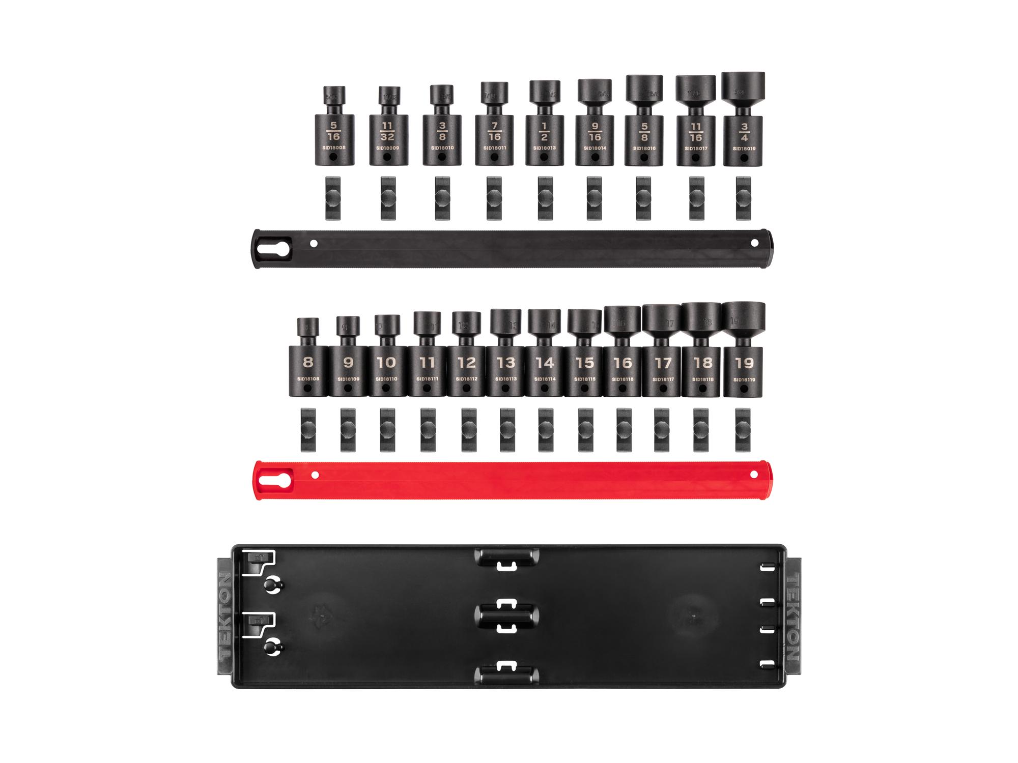 Laid out contents of Tekton rail impact drive universal joint socket set. Item #SID97200