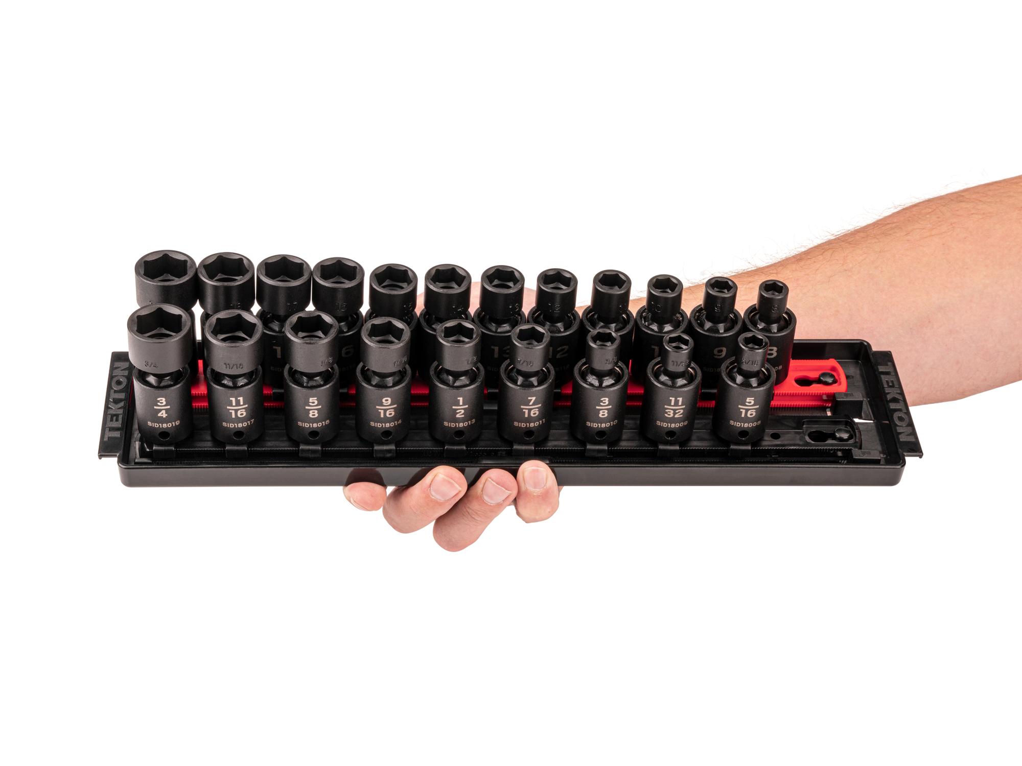 Person holding Tekton rail impact drive universal joint socket set. Item #SID97200