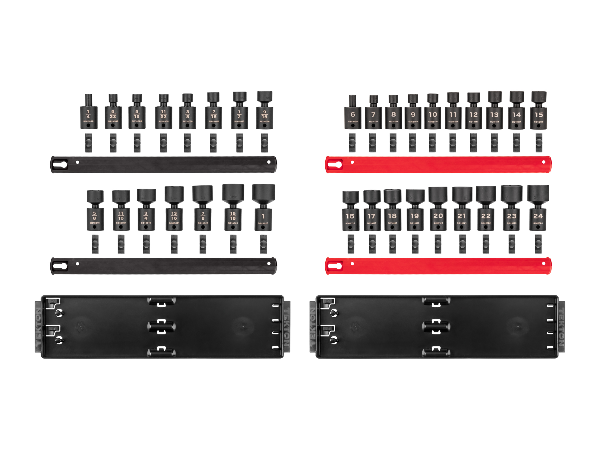 TEKTON 3/8 Inch Drive 6-Point Universal Joint Impact Socket Set with Rails and Trays, 34-Piece (1/4-1 in., 6-24 mm)