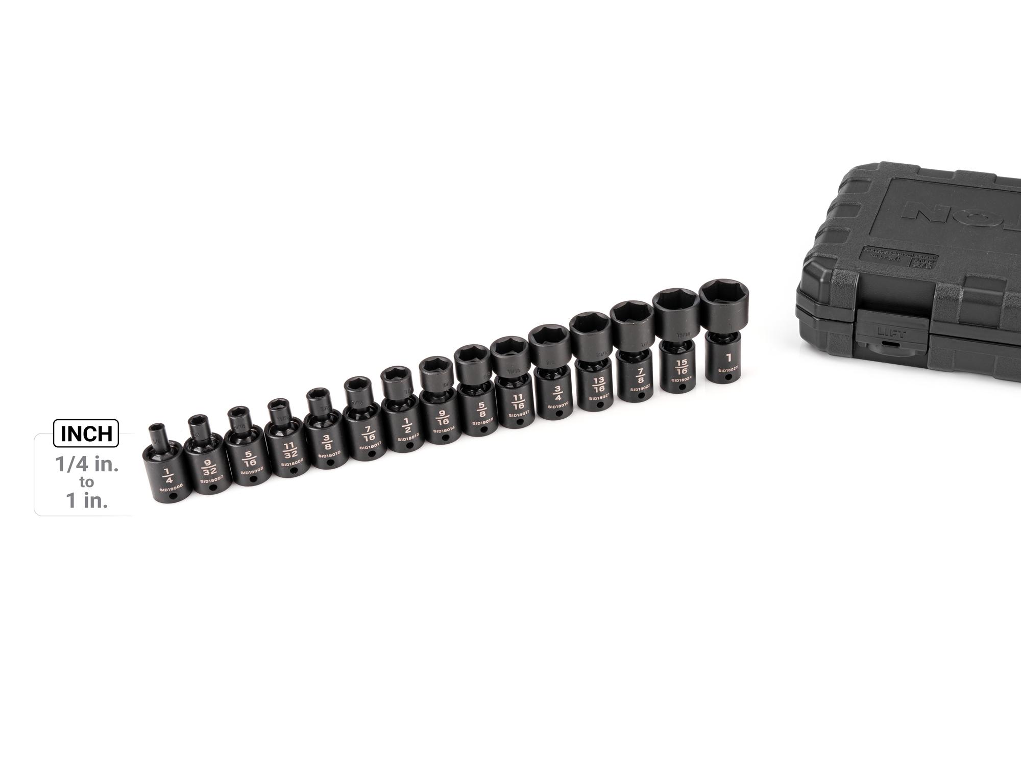 Laid out contents of Tekton case impact drive universal joint socket set. Item #SID97301