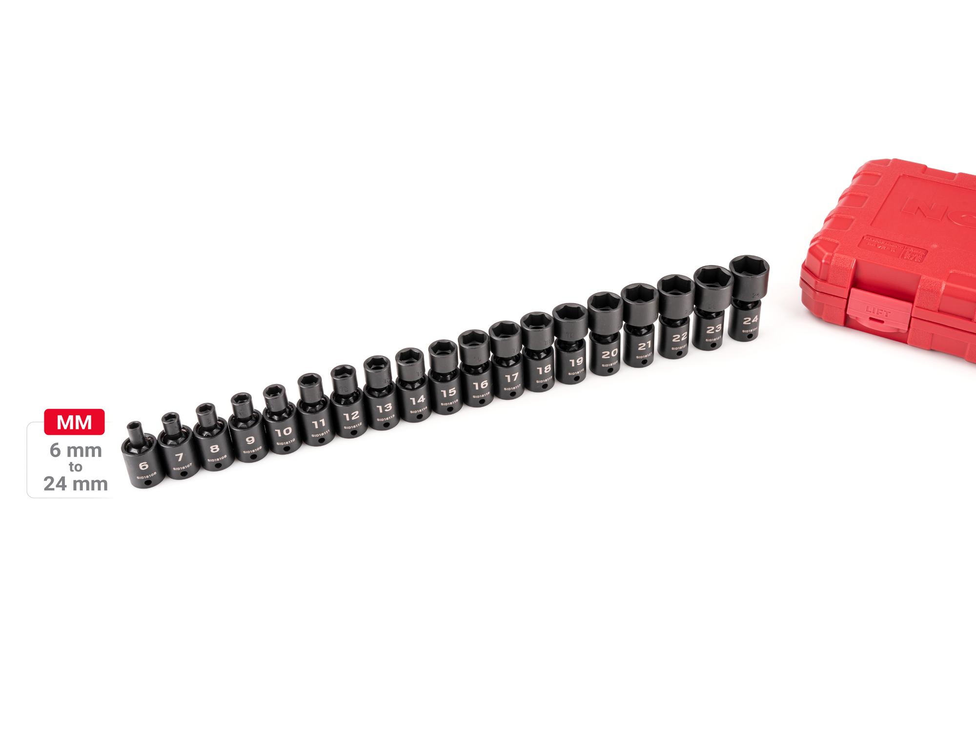 Laid out contents of Tekton case impact drive universal joint socket set. Item #SID97302