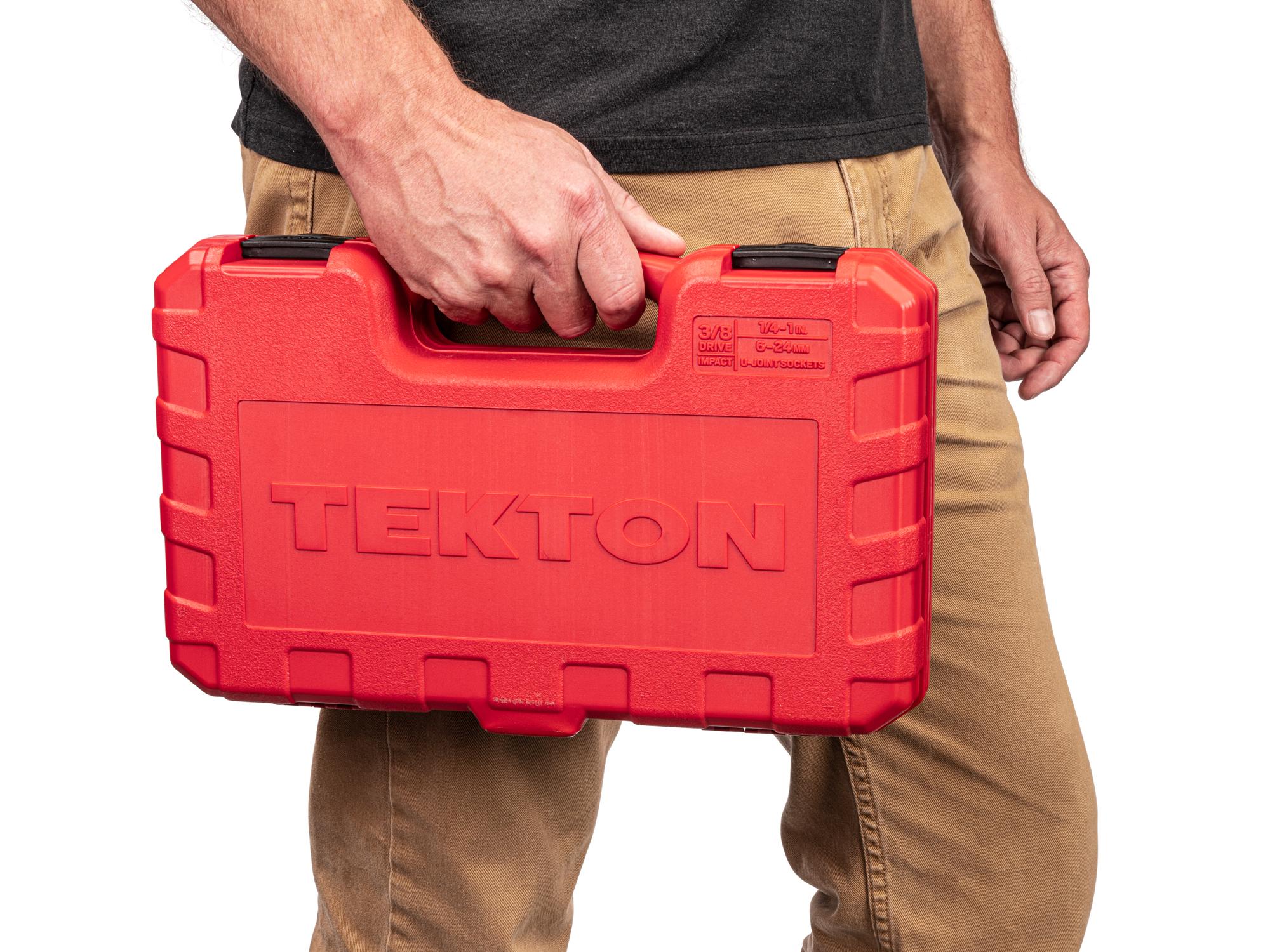 Person holding Tekton case impact drive universal joint socket set. Item #SID97303