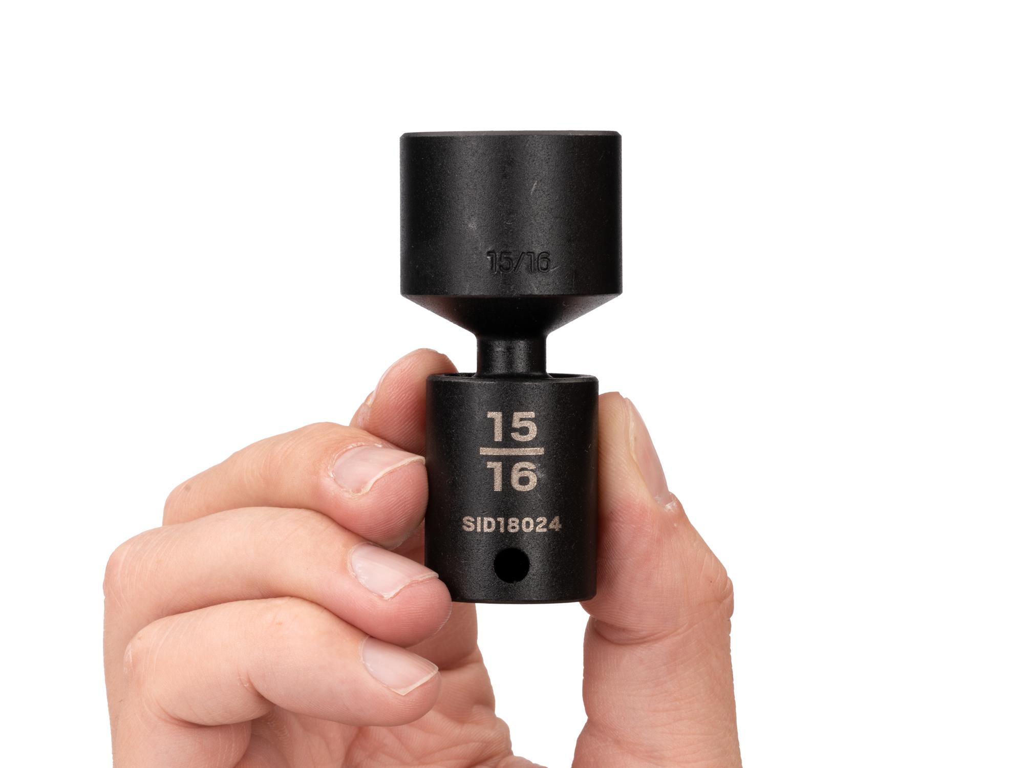 Person holding Tekton impact drive universal joint socket. Item #SID18024